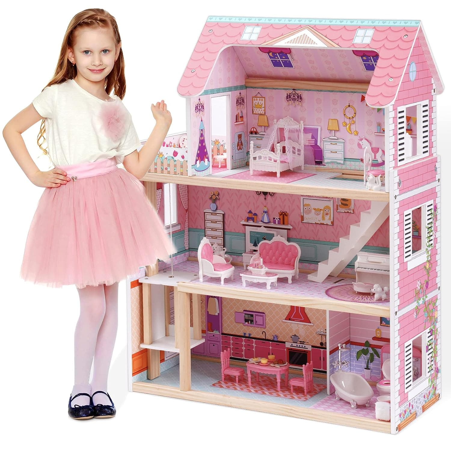 ROBUD Pupuuuenhaus Wooden Children's Toy from 3 Years Girls Dollhouse Toy 2 3 4 5 Years Girls Pupuu House Large Children's Toy House with Accessories Gift for Girls Children 3-4-5-6 Years