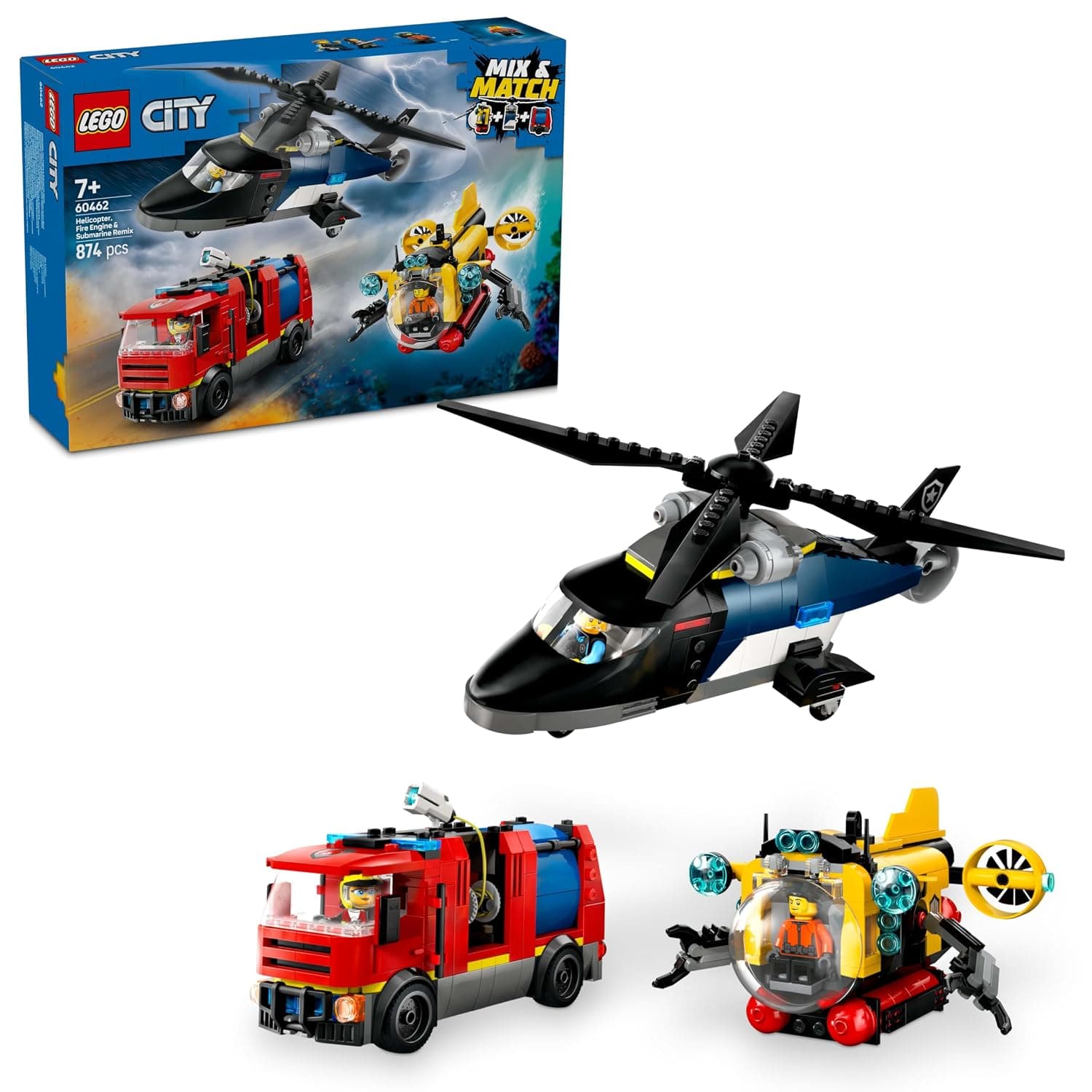 LEGO City Helicopter, Fire Engine & Submarine Remix 60462 | 3-in-1 Building Toy, Buildable Vehicles & 3 Minifigures, Play Set, Gift for 7+ Year Old Boys & Girls, 874 Pieces