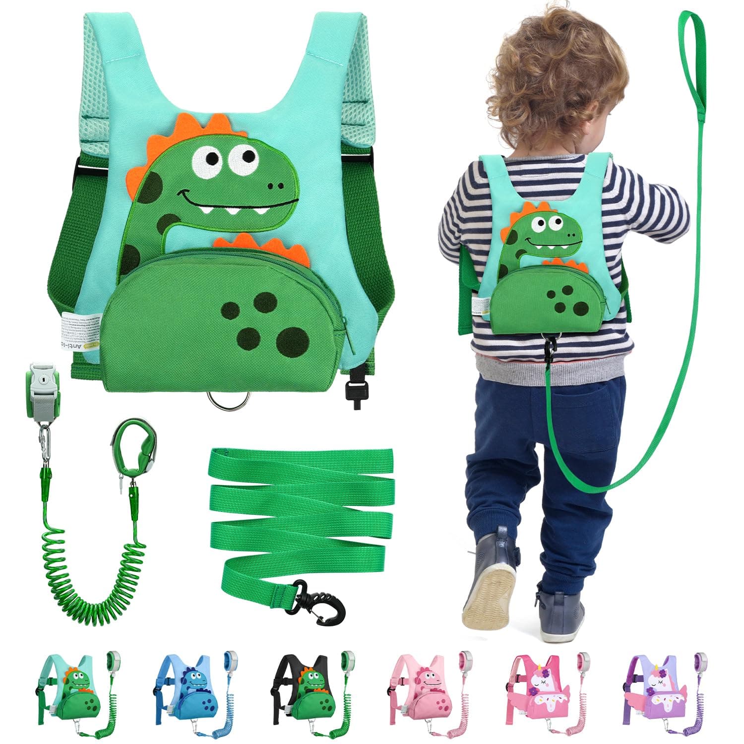 Dr.meter 3 in 1 Toddler Harness Leash with Key Lock for Boys Girls | Cute Dinosaur Kids Safety Harness Tether + 8.2ft Anti Lost Wrist Link, Child Protective Walking Leashes Keep Kids Close