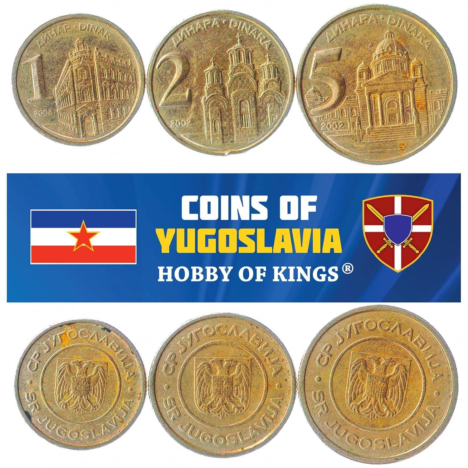 HOBBY OF KINGS 3 Coins from Yugoslavia | Yugoslav Coin Set Collection 1 2 5 Dinara | Circulated 2000-2002 | Yugoslavia National Bank | Gracanica Monastery | Yugoslav Parliament | Two Headed Eagle