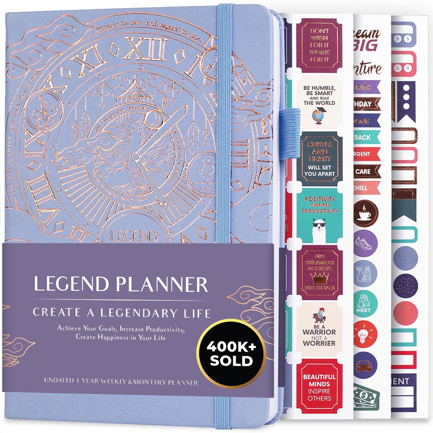 Legend Planner - Deluxe Weekly & Monthly Life Planner to Hit Your Goals & Live Happier. Organizer Notebook & Productivity Journal. A5 Hardcover, Undated - Start Any Time + Stickers - Periwinkle Gold