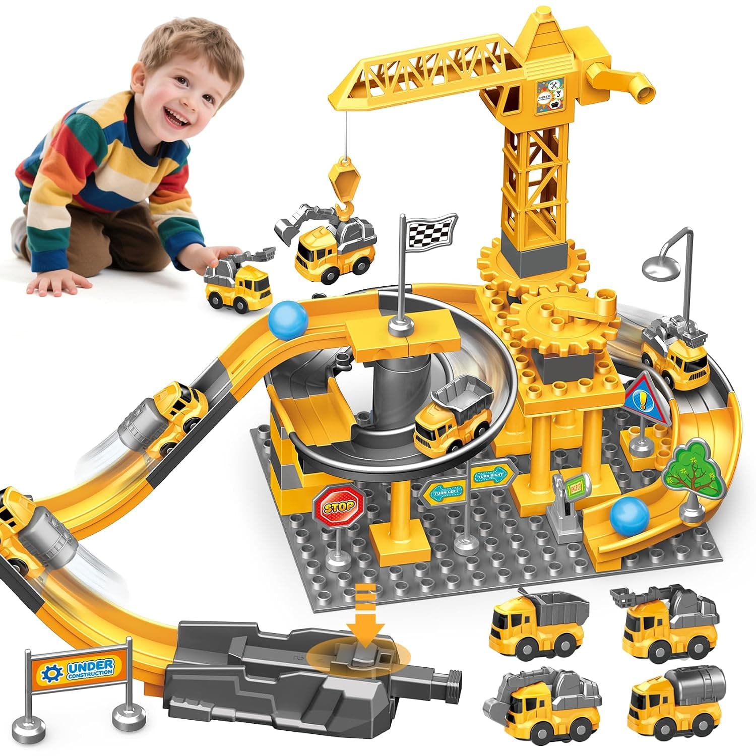 Construction Crane Toy Set for Children 3-7 Years, 55 Pieces Construction Toy with Crane Truck & Excavator, Educational Toy Gift for Boys and Girls, Safe ABS Plastic for Creative Roll (A)