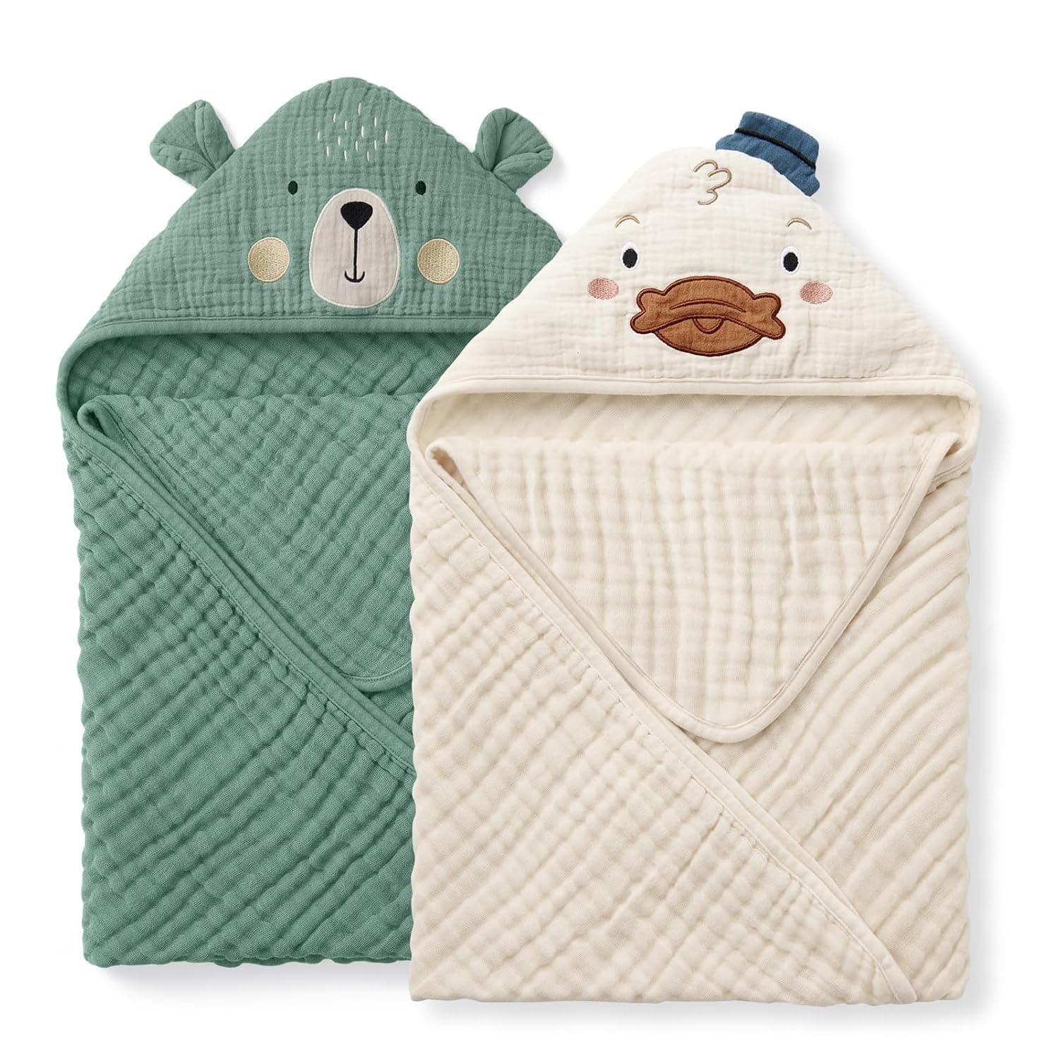 Muslin Baby Hooded Towel 2 Pack, Soft & Absorbent Bath Towel for Infant, Toddler, Unisex, Baby Gift, Newborn Essentials, Bear & Duck