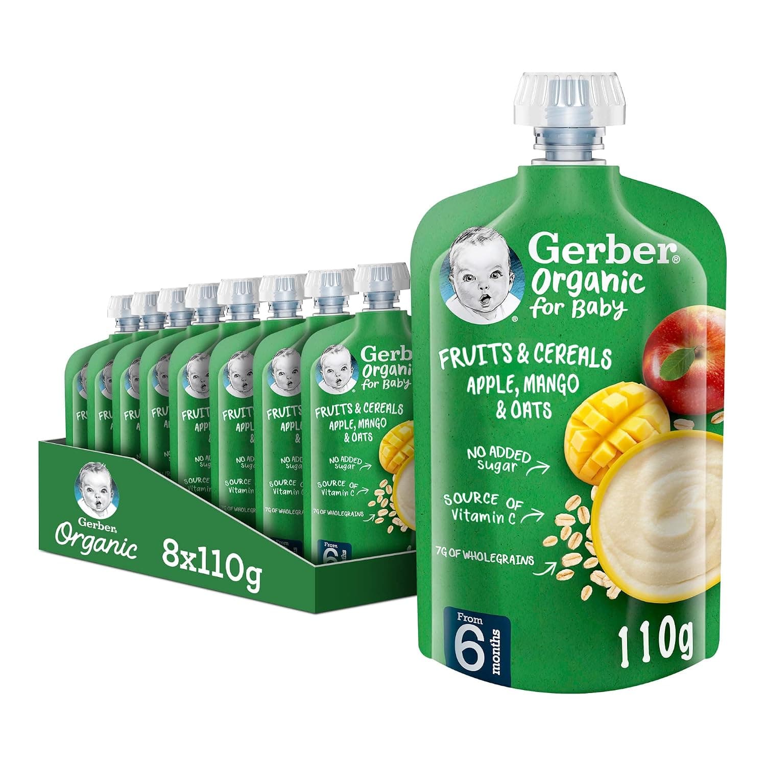 Gerber Organic For Baby Fruits & Cereals, Apple, Mango & Oats, 8 x 110 g