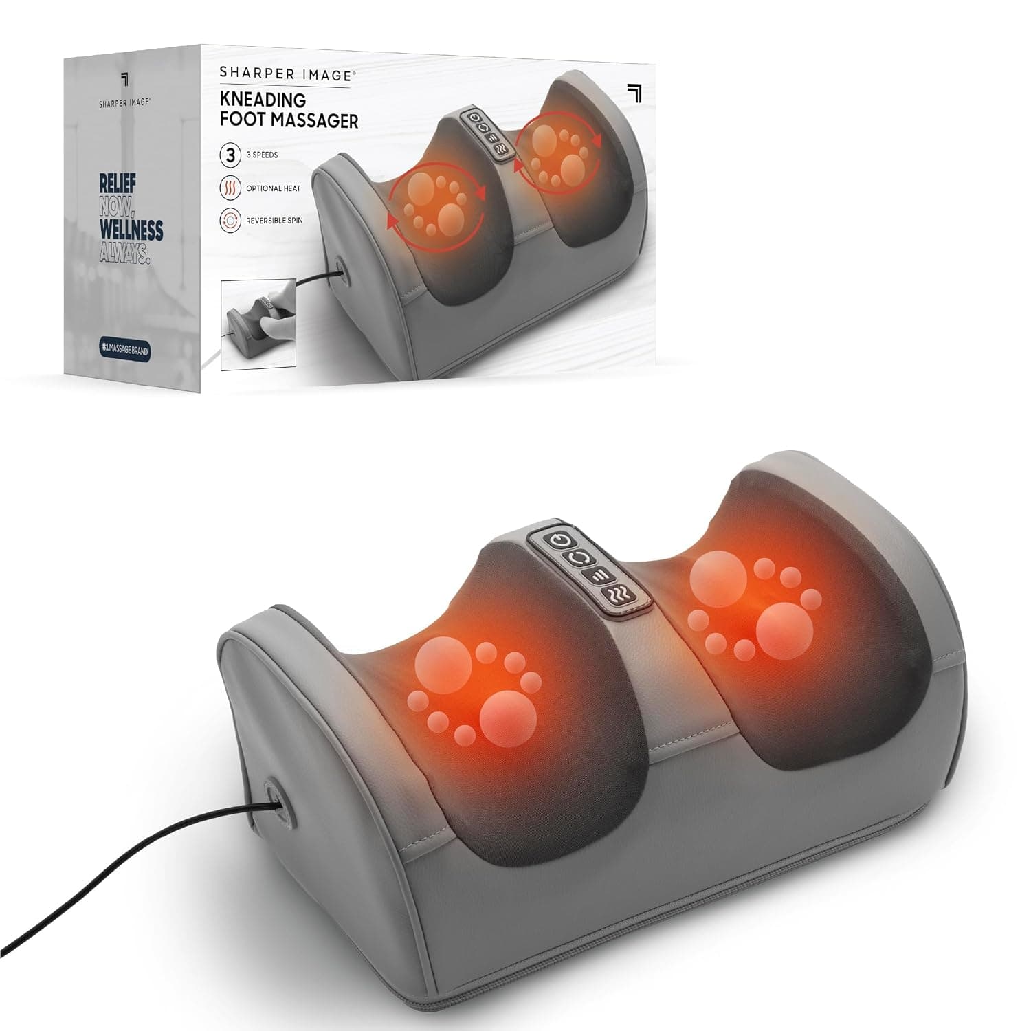 Sharper Image® Kneading Foot Massager with Heat – Deep Rolling Massage with 3 Speeds, Reversible Spin & Optional Heat | Compact Feet Massager| Masajeador| Wellness & Relaxation Gift for Women & Men