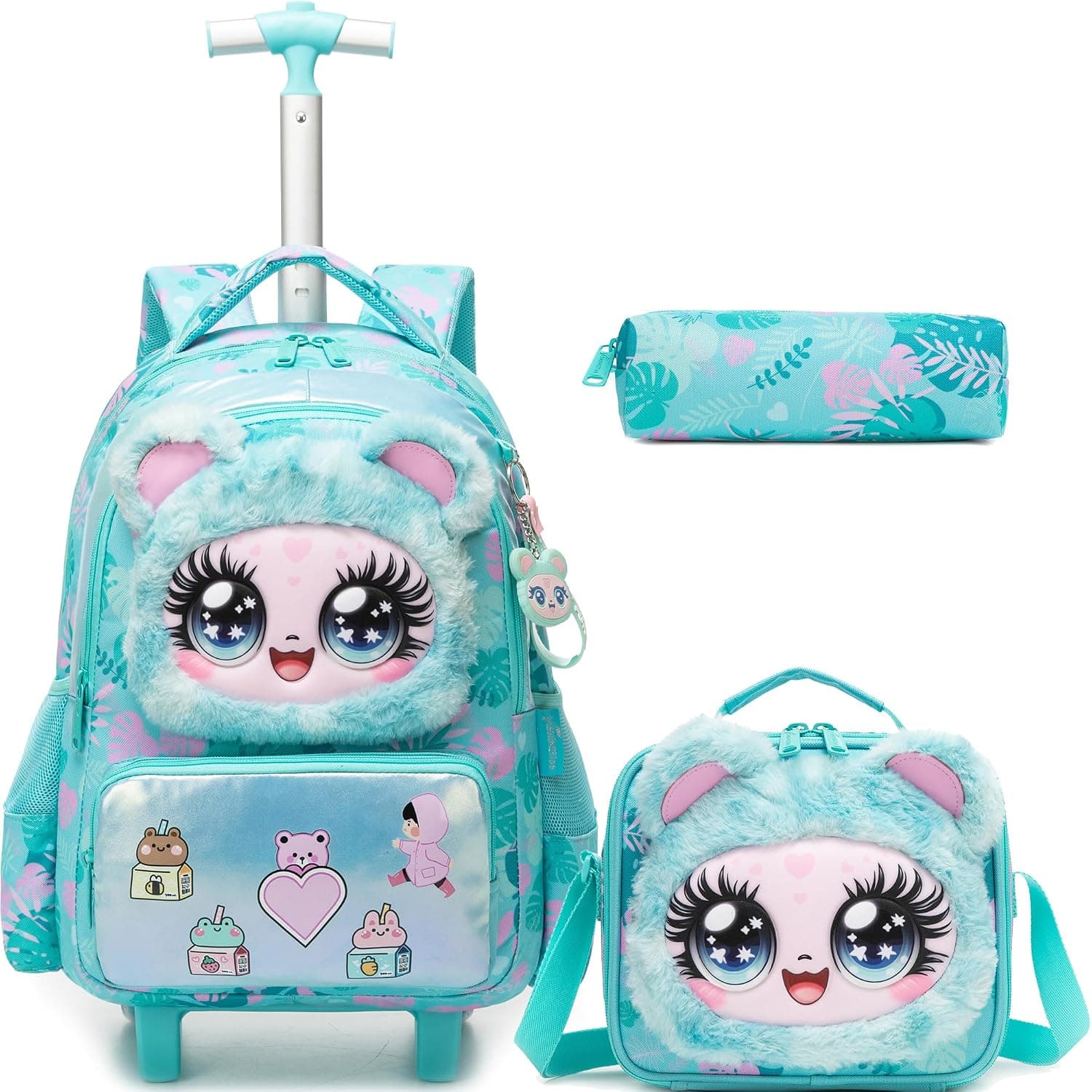 HTgroce 3-in-1 School Trolley Backpack for Girls and Boys - Elementary with Wheels, Bag and Pen Pouch, A-green