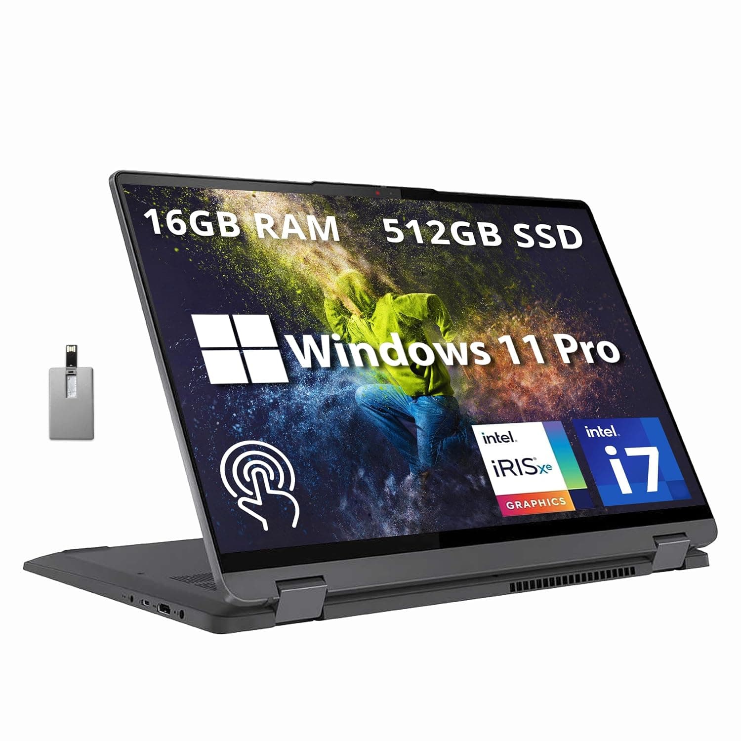 Lenovo IdeaPad Flex 5 16" 2-in-1 2.5K IPS Touchscreen Laptop, Intel Core i7-1255U, 16GB RAM, 512GB SSD, Backlit Keyboard, Fingerprint Reader, Win 11 Pro, Storm Grey, 32GB Hotface USB Card