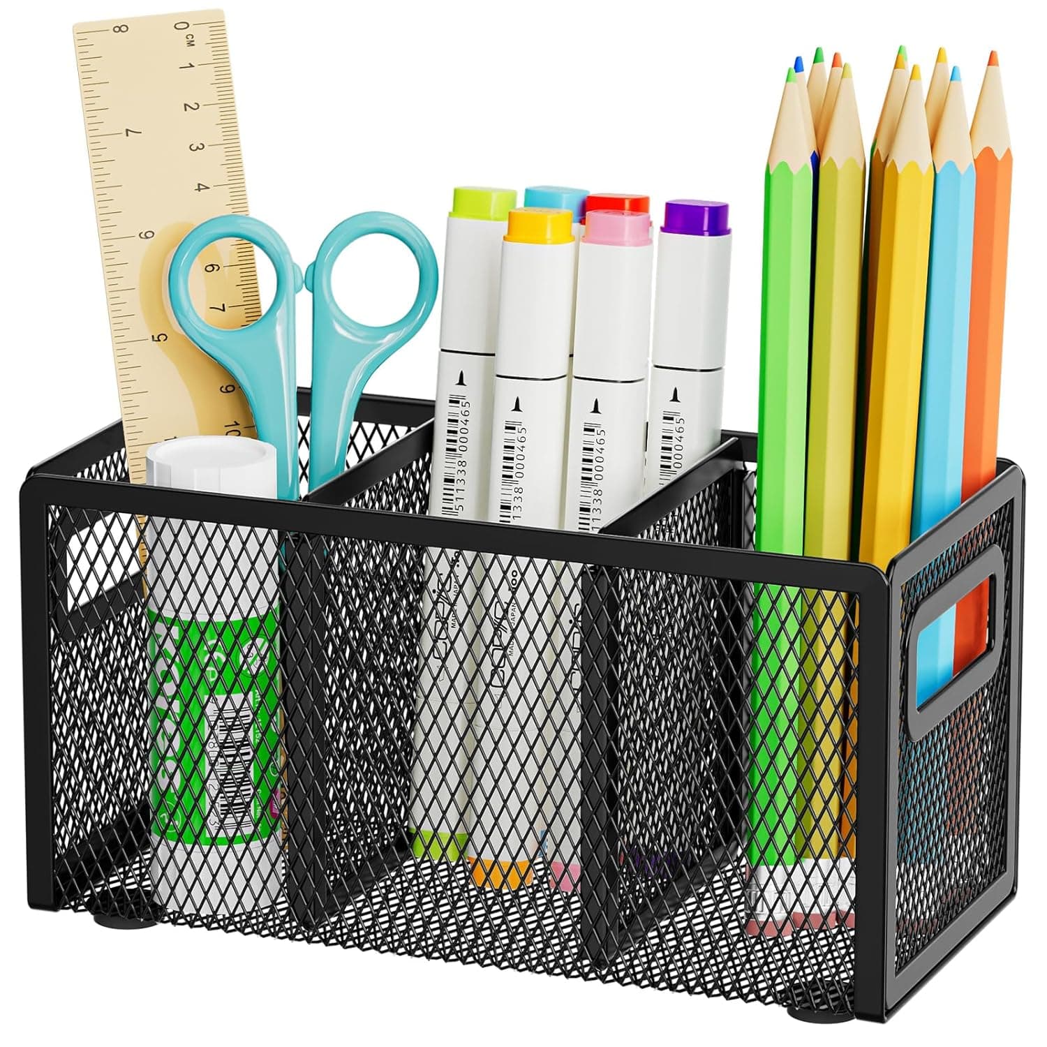 Marbrasse Mesh Pen Holder for Desk,Pencil Holder Desk Organizer 3 Adjustable Compartments,Pencil Cup with Handle Perfect for Classroom, Office, Home,Makeup,Art (Black)