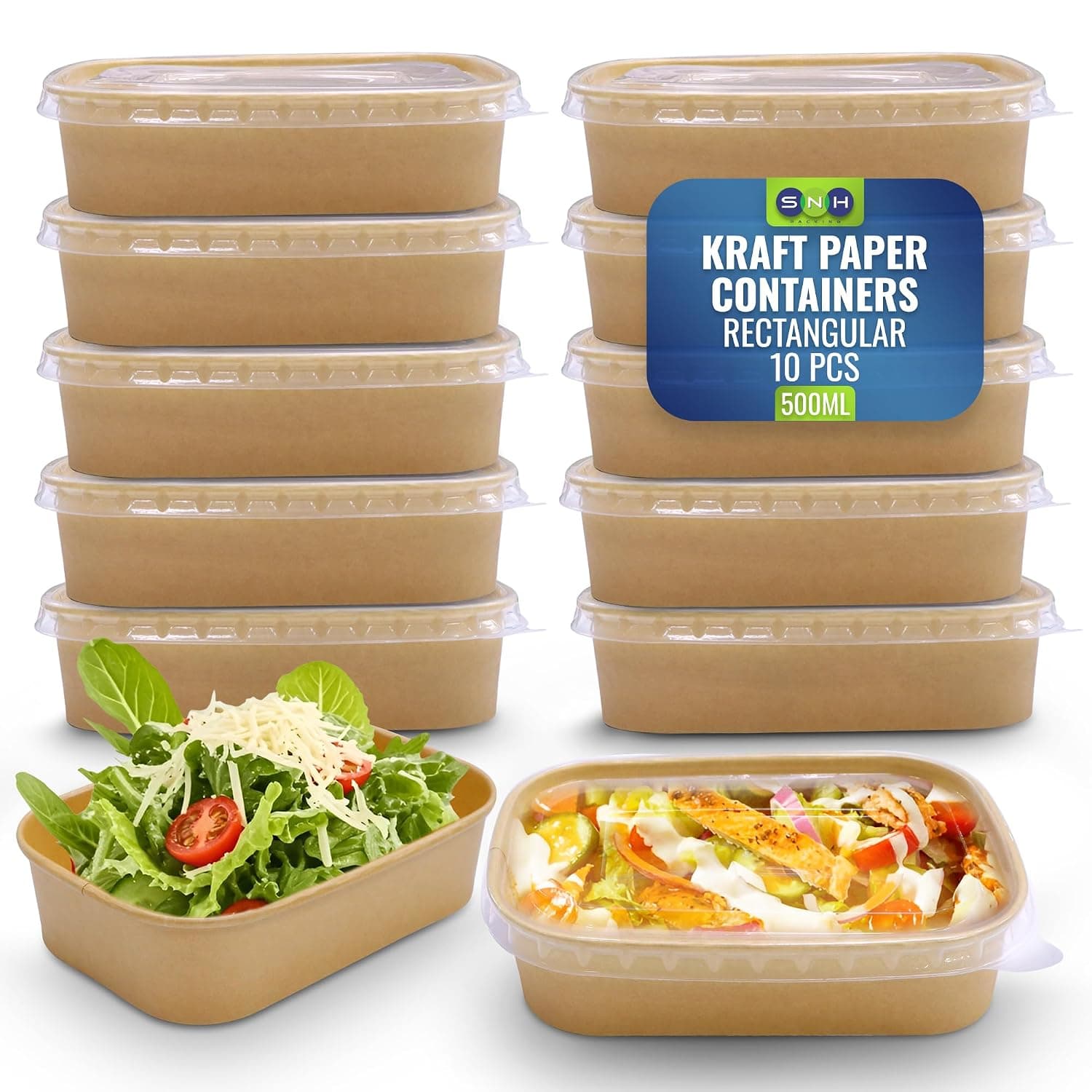 Disposable 10-Pack Kraft Paper Containers 500 ml with Lid, Rectangular Disposable Bowls, Sturdy Food Salad Containers, Eco-Friendly Takeaway Lunch Boxes, Microwave Safe, Heavy Duty Meal Prep Box
