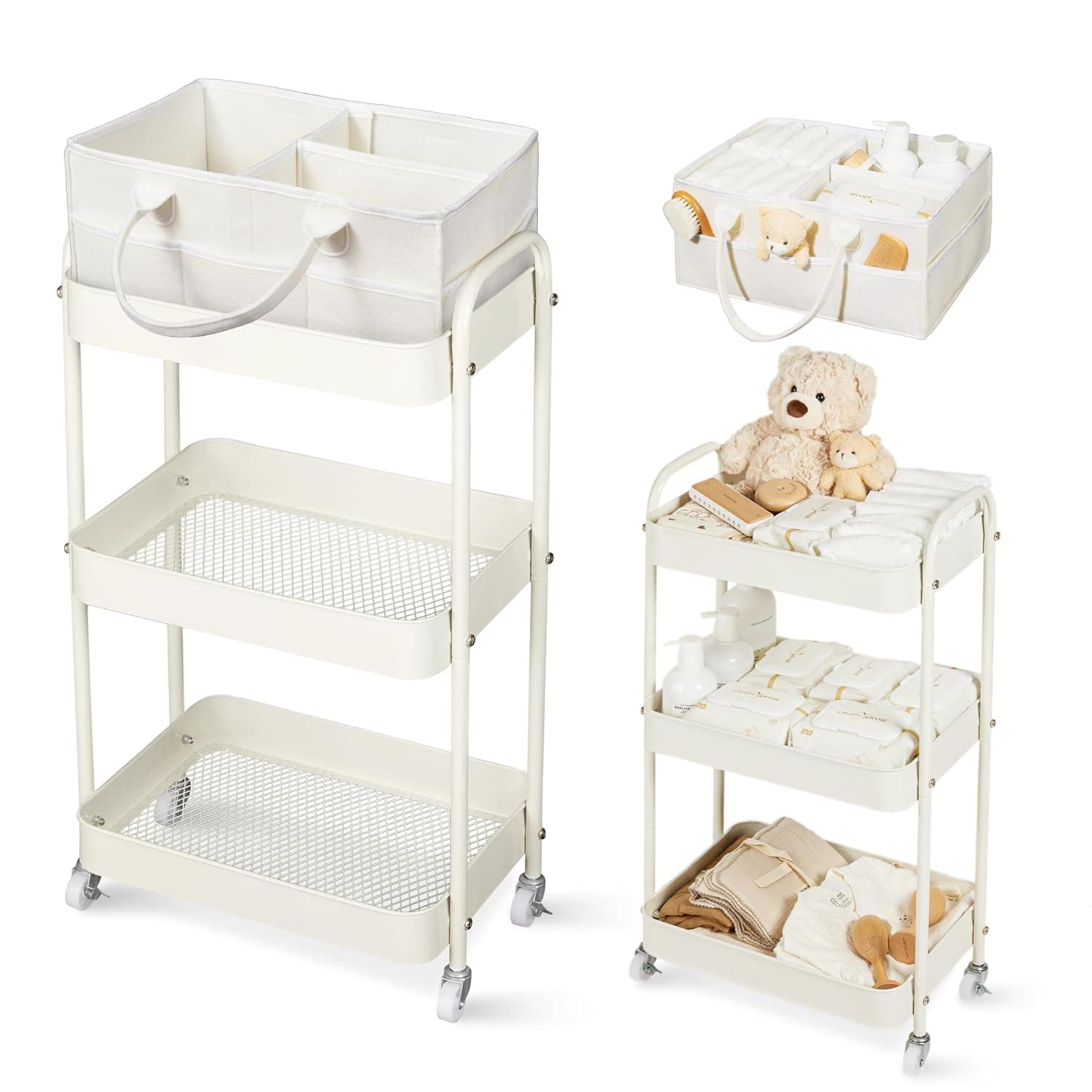 Fortella 2-in-1 Rolling Diaper Cart & Nursery Organizer, 3-Tier Mobile Utility Cart, Detachable Bedside Caddy, Large Storage for Baby Essentials, Metal Frame(Beige)