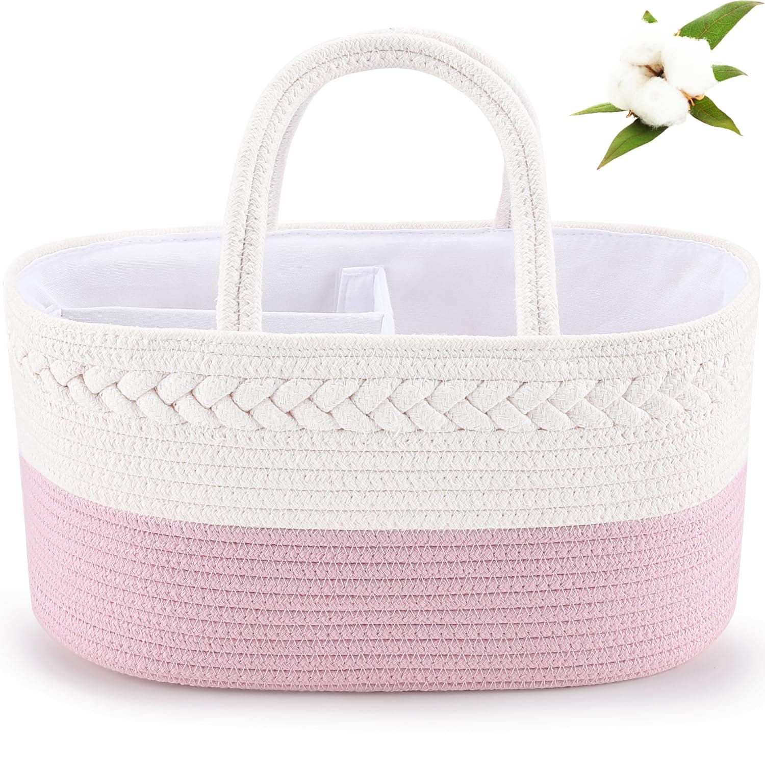 ABenkle Baby Diaper Caddy Organizer, Girls’ Rope Nursery Diaper Basket Storage for Changing Table, Car Organizer Bin - Newborn Essentials Must-have Gift Basket for Baby Shower (Pink）