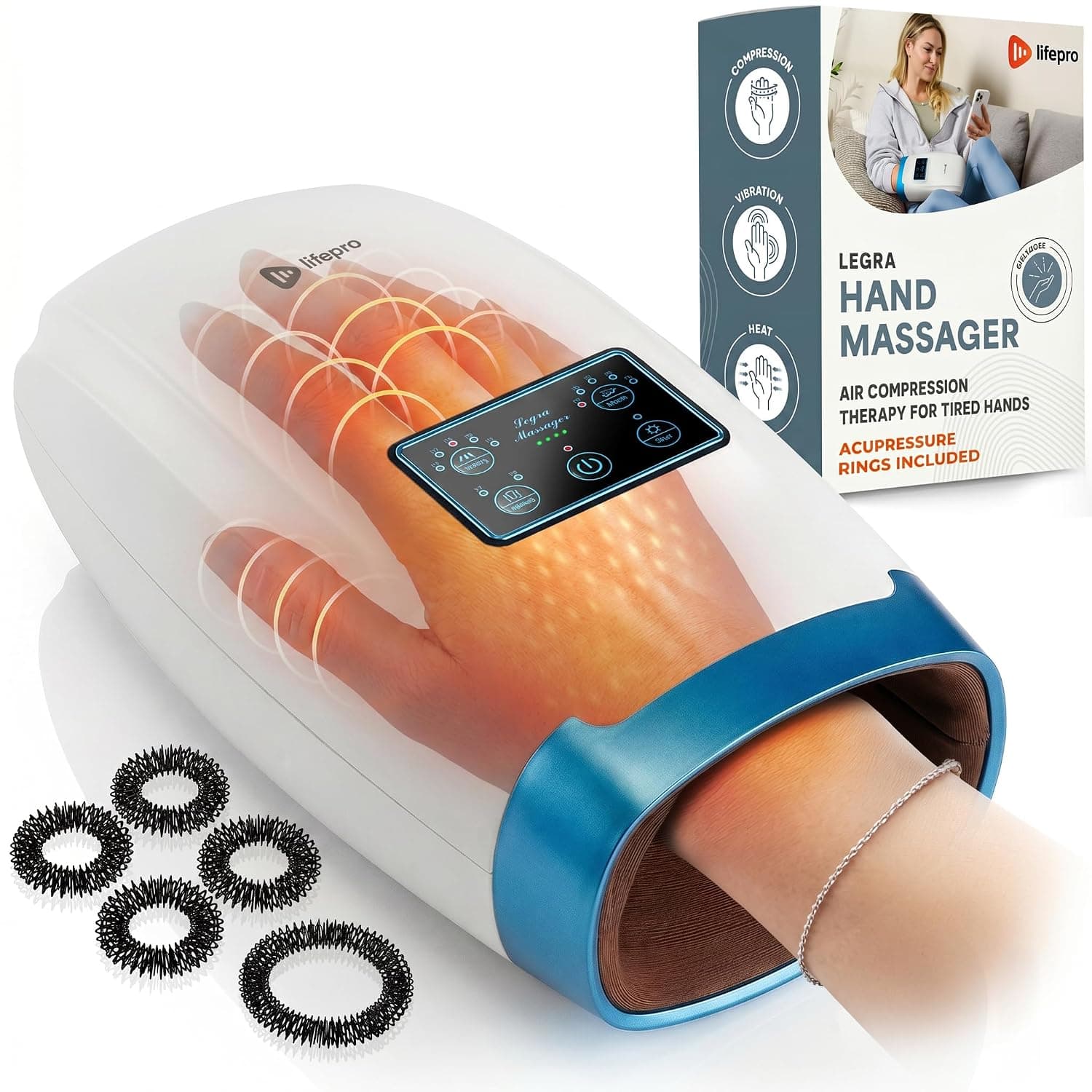 LifePro Legra Hand Massager with Heat and Compression - Finger, Wrist, and Palm Massager with 5 Modes - Pressure Point Therapy for Sensitive Hands, Relaxation, and Comfort | Multi Massage Modes, Adjustable Intensity, Quiet Operation — Hand & Wrist Massager for Sore, Stiff, and Sensitive Hands