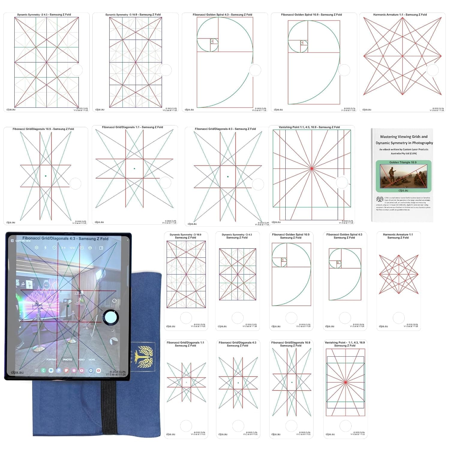 Fibonacci Smartphone Directors Viewfinder, Compatible with Samsung | Australian Designed and Made; Inner Screen; Fibonacci Spiral; Dynamic Symmetry Grids