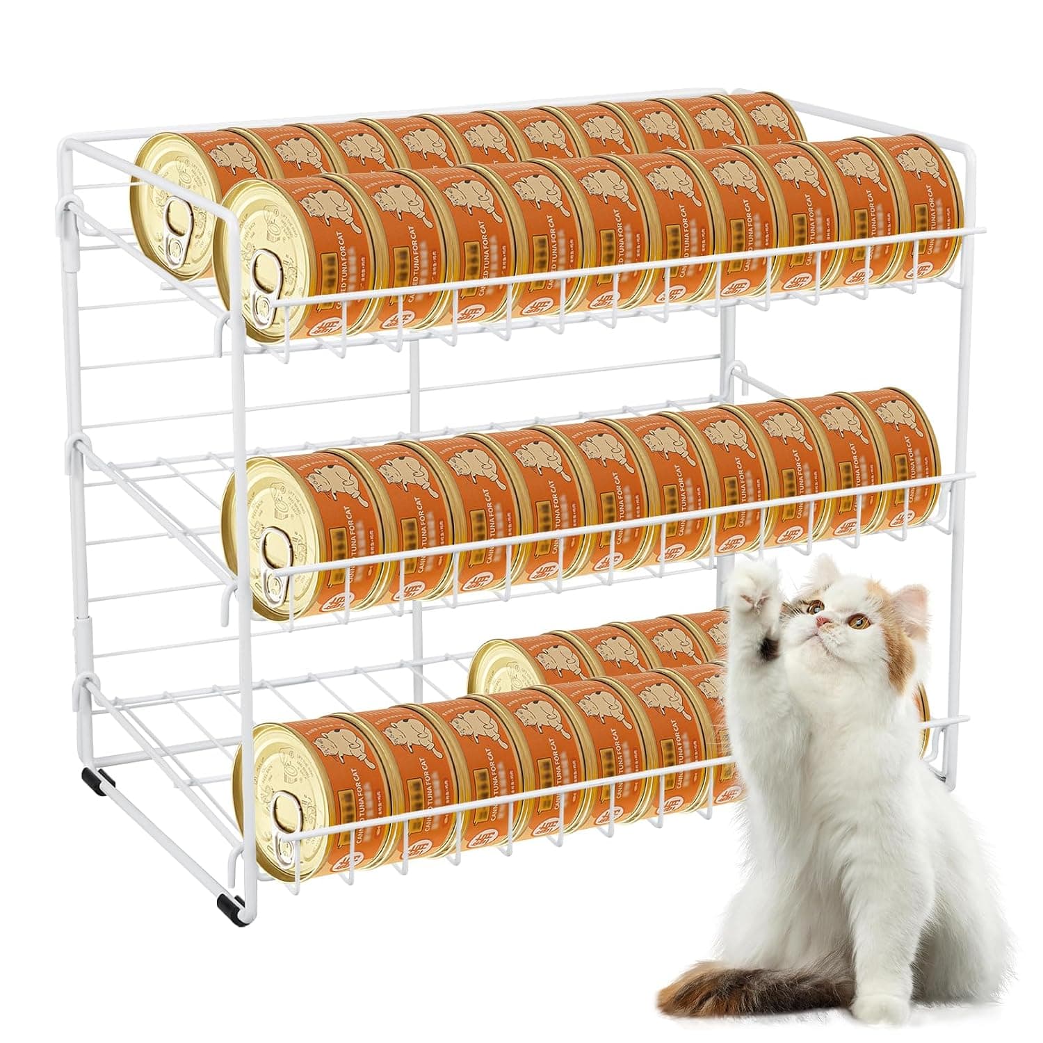 FMOACEN Cat Food Organizer, 3-Tier Stackable Iron Shelf for 45 Cans (3oz) - Pet Food Dispenser, Kitchen Pantry Storage Rack Cabinet, Canned Cat Organizer for Home & Shop