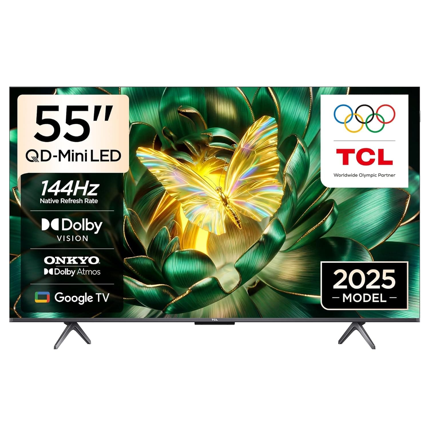 TCL 55C6K Television 55 Inch Smart TV 4K QD-Mini LED Colorful Quantum Crystal HDR 10+ Gaming Google TV, 144Hz Native Refresh Rate, ONKYO 2.1 Hi-Fi, Dolby Atmos, AI Mode, Game Master