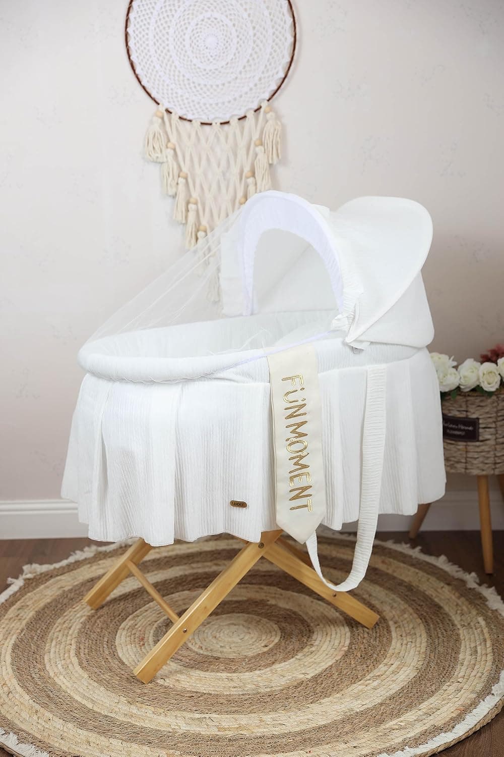 Moses Basket Baby Bed White with Foldable Wooden Stand (Shape 3)