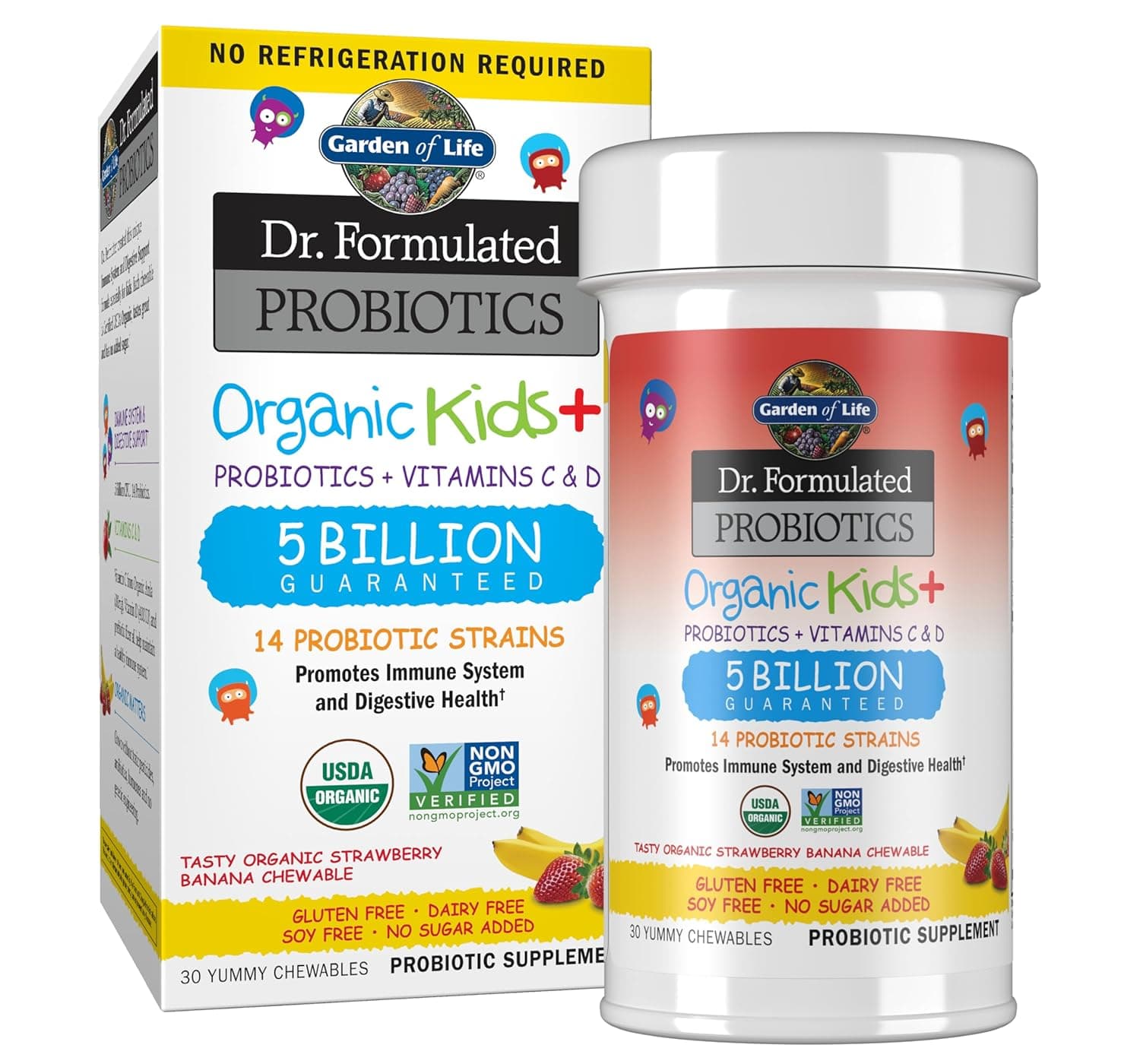 Garden of Life Dr. Formulated Probiotics Organic Kids Vitamins C & D, 5 Billion Tasty (Strawberry/Banana, 30 Yummy Chewables)