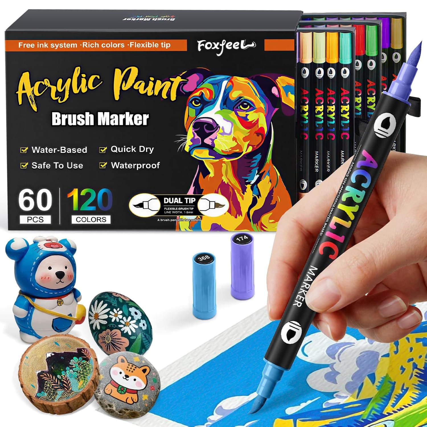 Xoopla 120 Colors Acrylic Paint Markers Set Double-Ended Soft Brush 60 PCS | Quick-Dry Waterproof Safe To Use Children's Drawing Pens for Canvas Wood Metal Ceramic Egg Rock Painting DIY Art Crafting