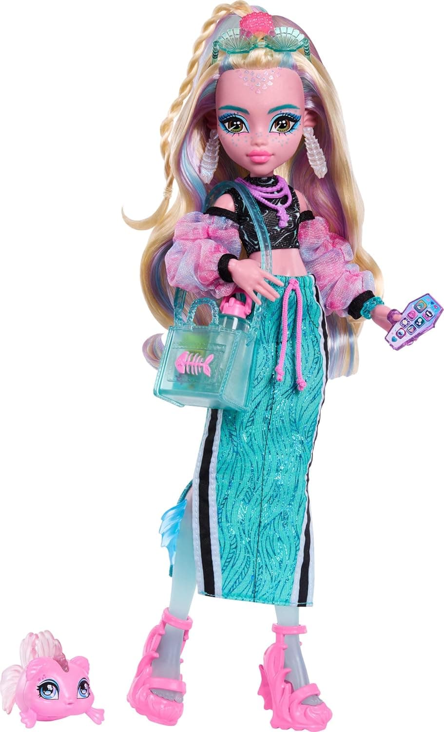 Monster High Doll, Lagoona Blue in Crop Top and Sporty Maxi Skirt with Pet Fish Neptuna and 7 Accessories like Shell Sunglasses, Snack and Purse, JHK33 | Sea Monster in Crop Top and Sporty Maxi Skirt with Pet Fish Neptuna & 7 Accessories like Shell Sunglasses, Snack & Purse