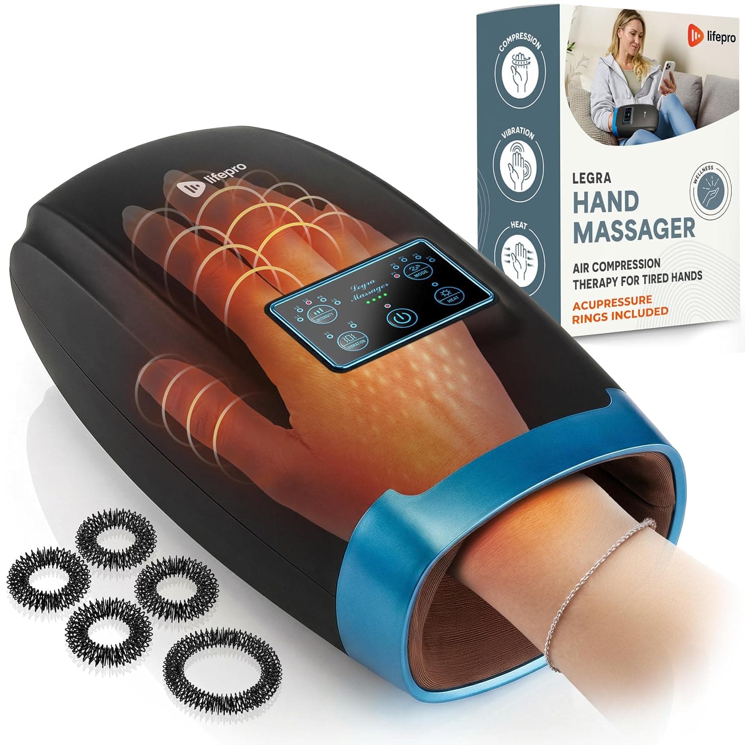LifePro Legra Hand Massager with Heat and Compression - Finger, Wrist, and Palm Massager with 5 Modes - Pressure Point Therapy for Sensitive Hands, Relaxation, and Comfort