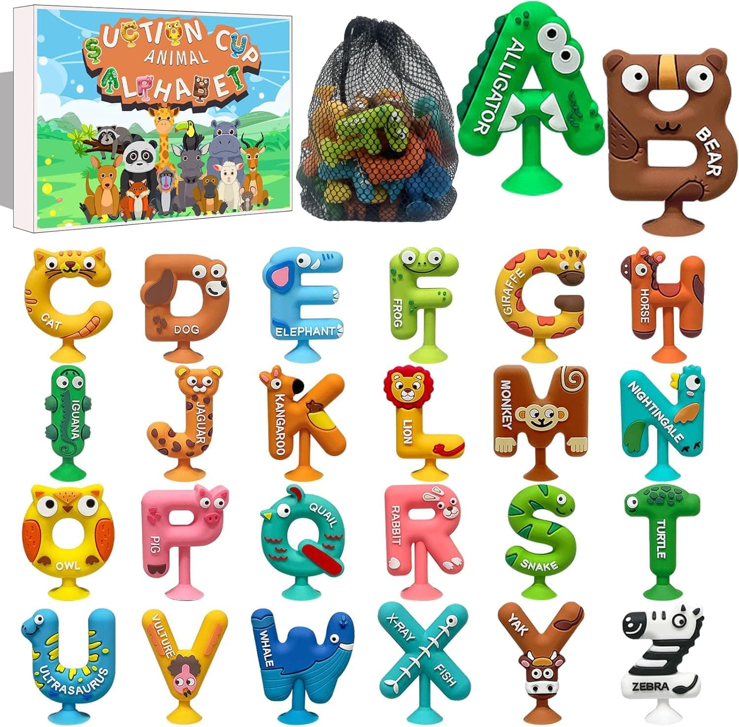 Soofam Suction Toys Kids Bath Toys, 26PCS Animal Alphabet Sucker Toy,Windows Travel Airplane Suction Cup Toy with Mesh Bag Storage,Montessori Sensory Toy for Boys GirlsAge 3+