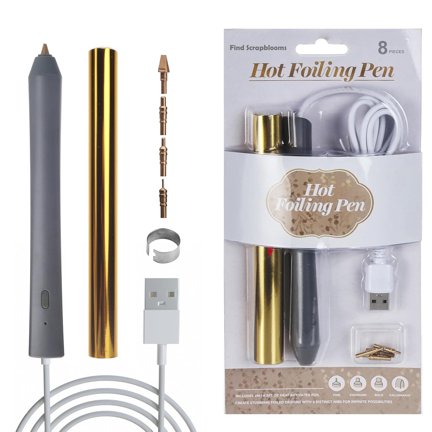 Find Scrapblooms Foil Quill Pen Kit with 4 Size Metal Tips &1pc Gold Heat Activated Foil Rolls, Hot Foiling Pen for Card Making Scrapbooking Tools,Drawing Pen USB Powered Foil Quill Starter Kit