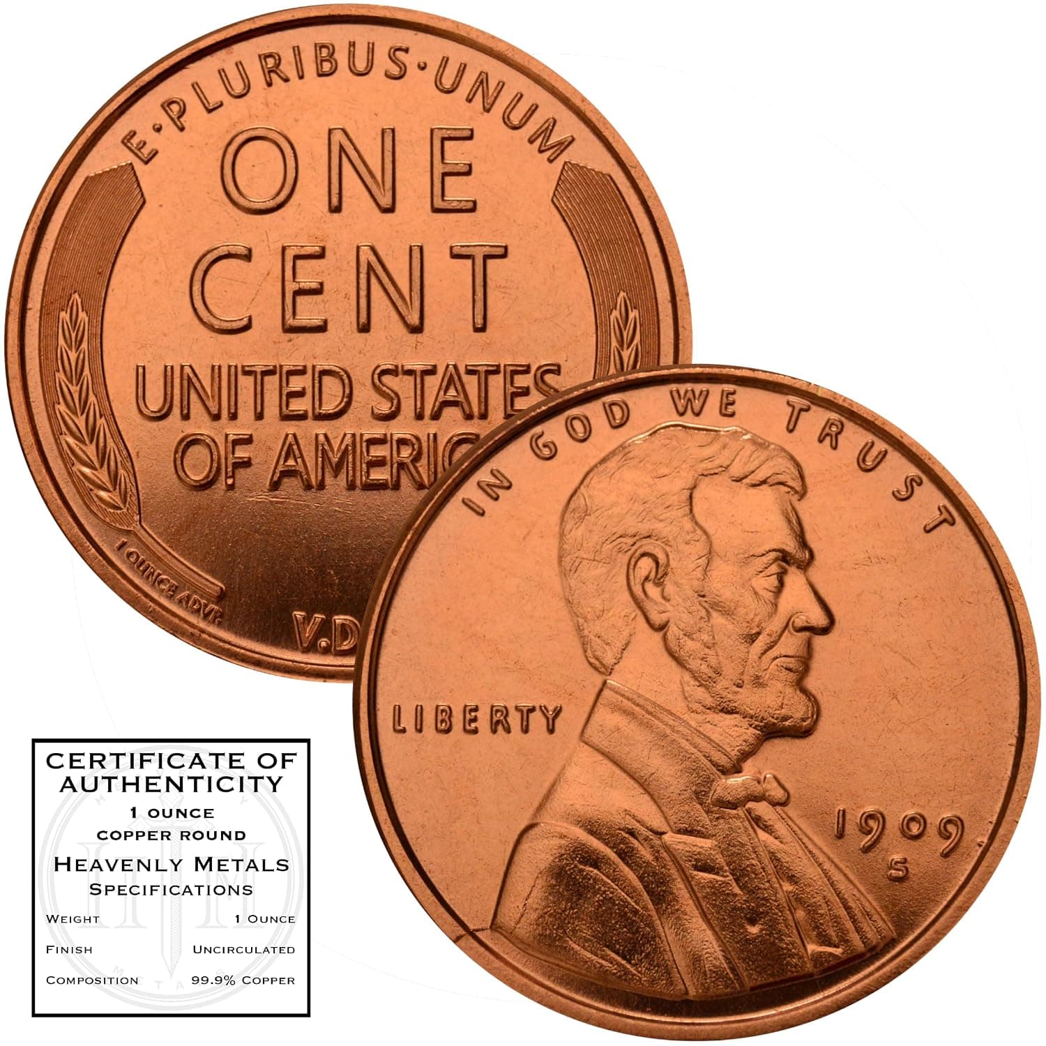 Lincoln Wheat Cent 1909 S VDB Design 1 oz Pure .999 Copper Round Collectible Jumbo 39mm Coin in Capsule - COA by Heavenly Metals
