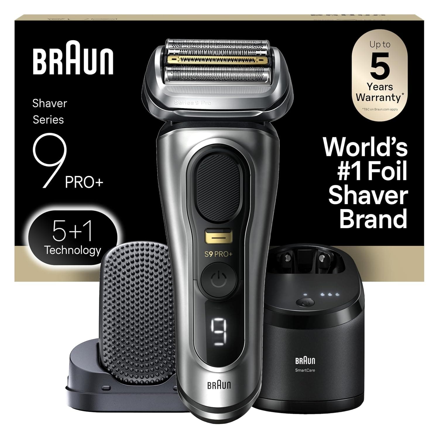 Braun Series 9 PRO+ Electric Shaver, 5 Pro Shaving Elements and Shave-Preparing ProComfort Head for Ultimate Closeness and Skin Comfort, Wet or Dry Use, 60min Battery Runtime, 9597cc Galvano Silver