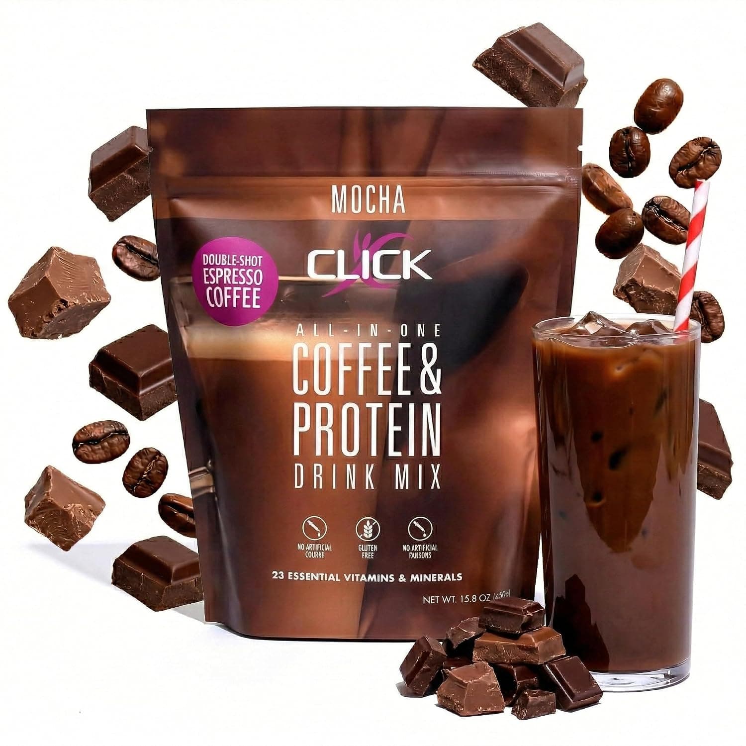 CLICK All-In-One Protein & Coffee Meal Replacement Drink Mix, Mocha, 15.8 Ounce | All-in-one protein and coffee meal replacement, 23 essential vitamins, Great hot or cold, Double shot espresso flavor, Potent