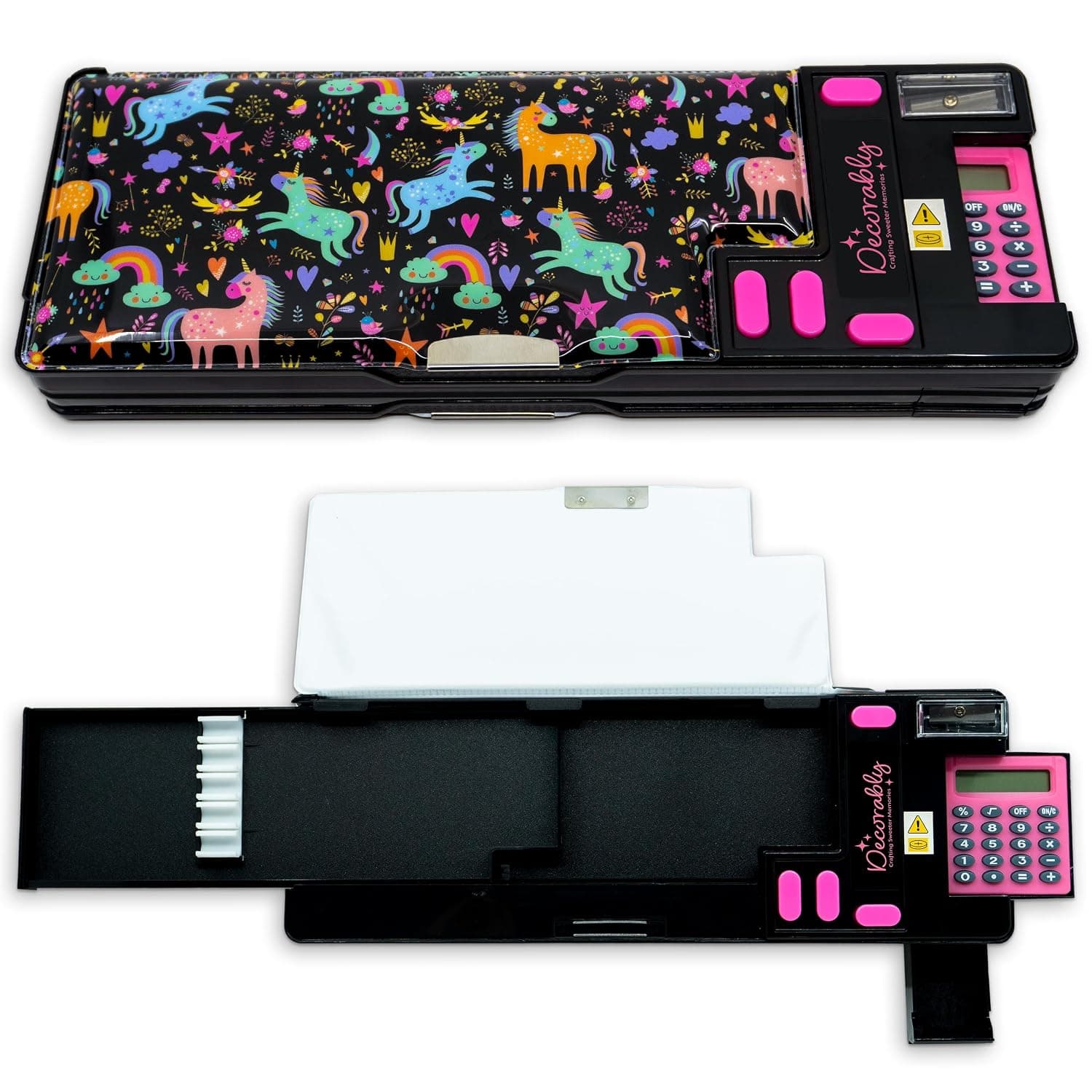 Decorably Unicorn Pop Up Multifunctional Pencil Case with Calculator and Sharpener - Unicorn Pencil Case with Calculator for Girls, Pencil Case for Kids, Pencil Case with Sharpener | Multifunction pencil box with sharpener, pen slots and a secret compartment, a fun back-to-school and birthday gift