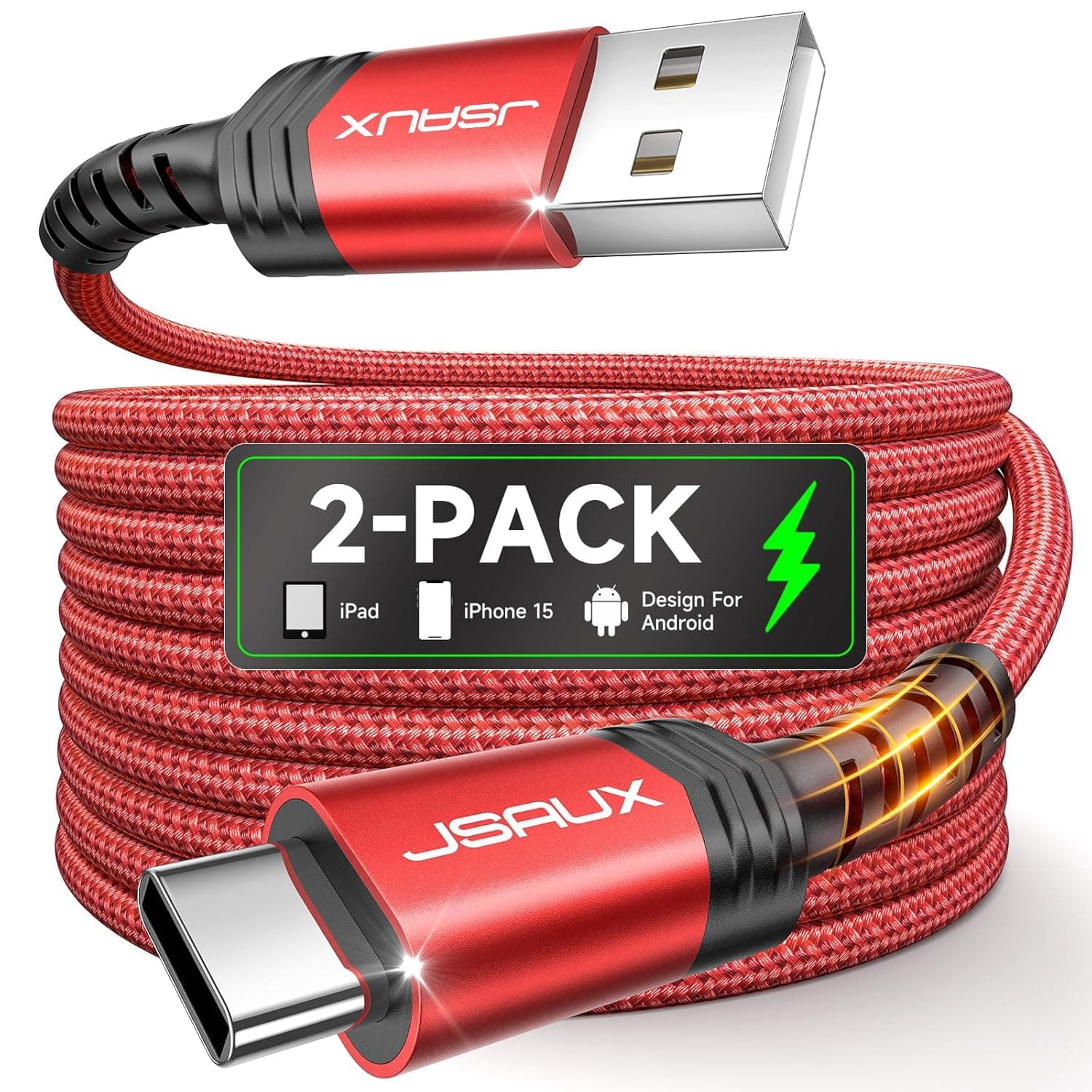 كابل من JSAUX بطول 2.01 متر نوع USB متوافق مع سامسونج جالاكسي S20 وS10 وS8 وآيفون 15 برو وإل جي G8