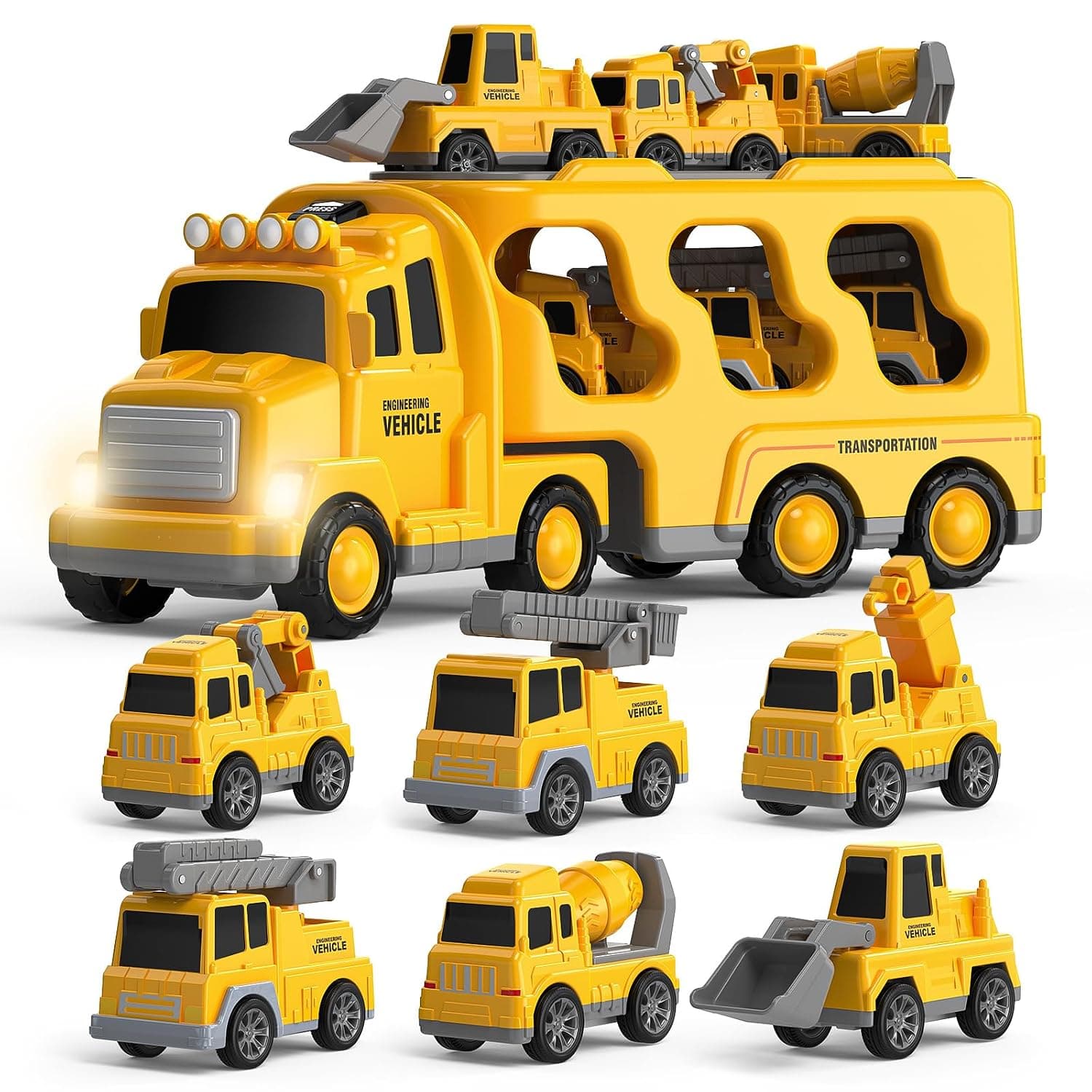 Skirtoy Construction Truck Toys Toddlers 3 4 5 6 7 Years Old,7 in 1 Truck Friction Power Toy Car with Light and Sound Transport Vehicle Carrier Truck, Car Toys Set for Boys & Girls 3-5 Years Old