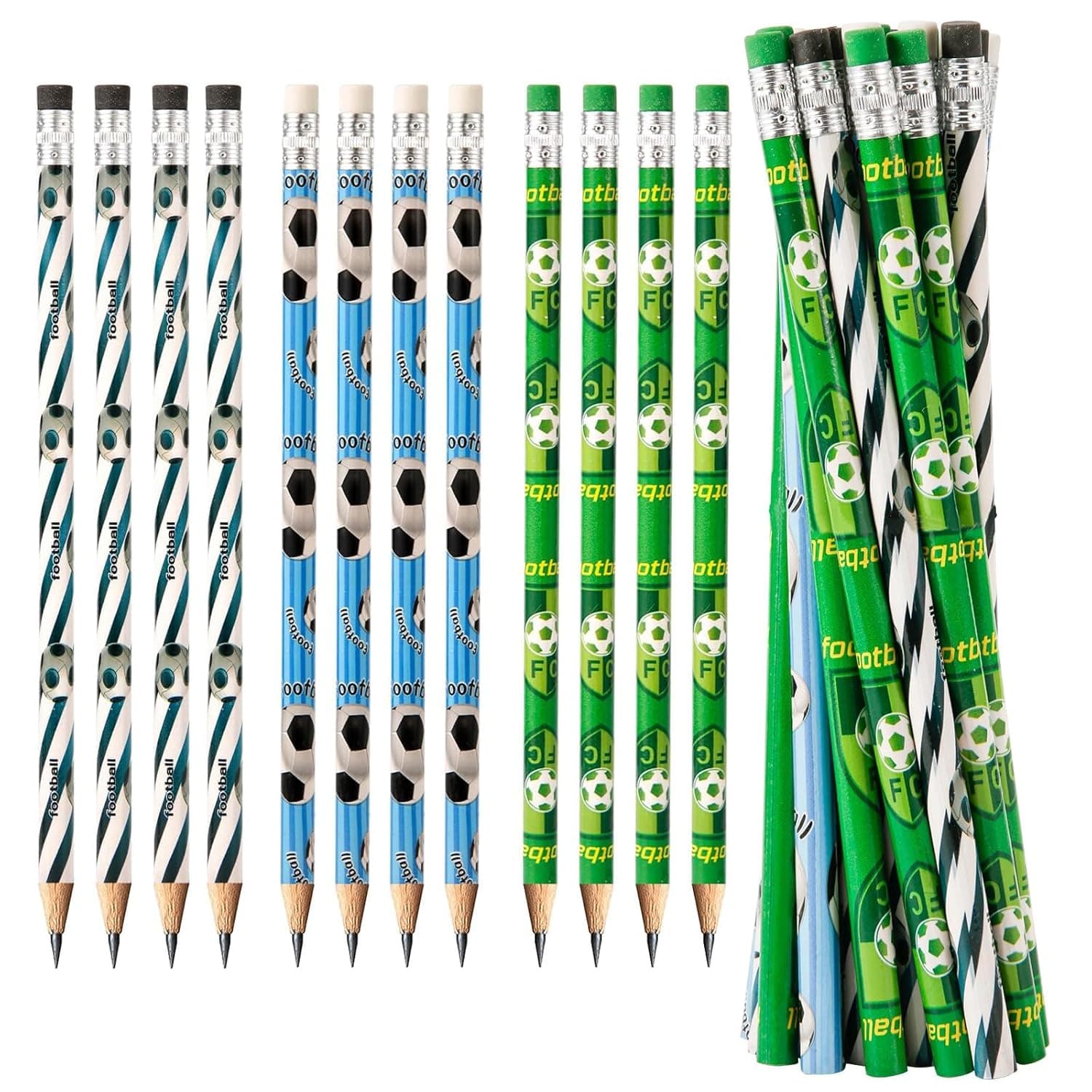 Joyzzz Football Pencils, 24 PCS Unsharpened Wooden Pencils with Football-Themed Erasers, Soccer Party Favors for Kids Birthday, Sports Themed School Supplies and Classroom Rewards