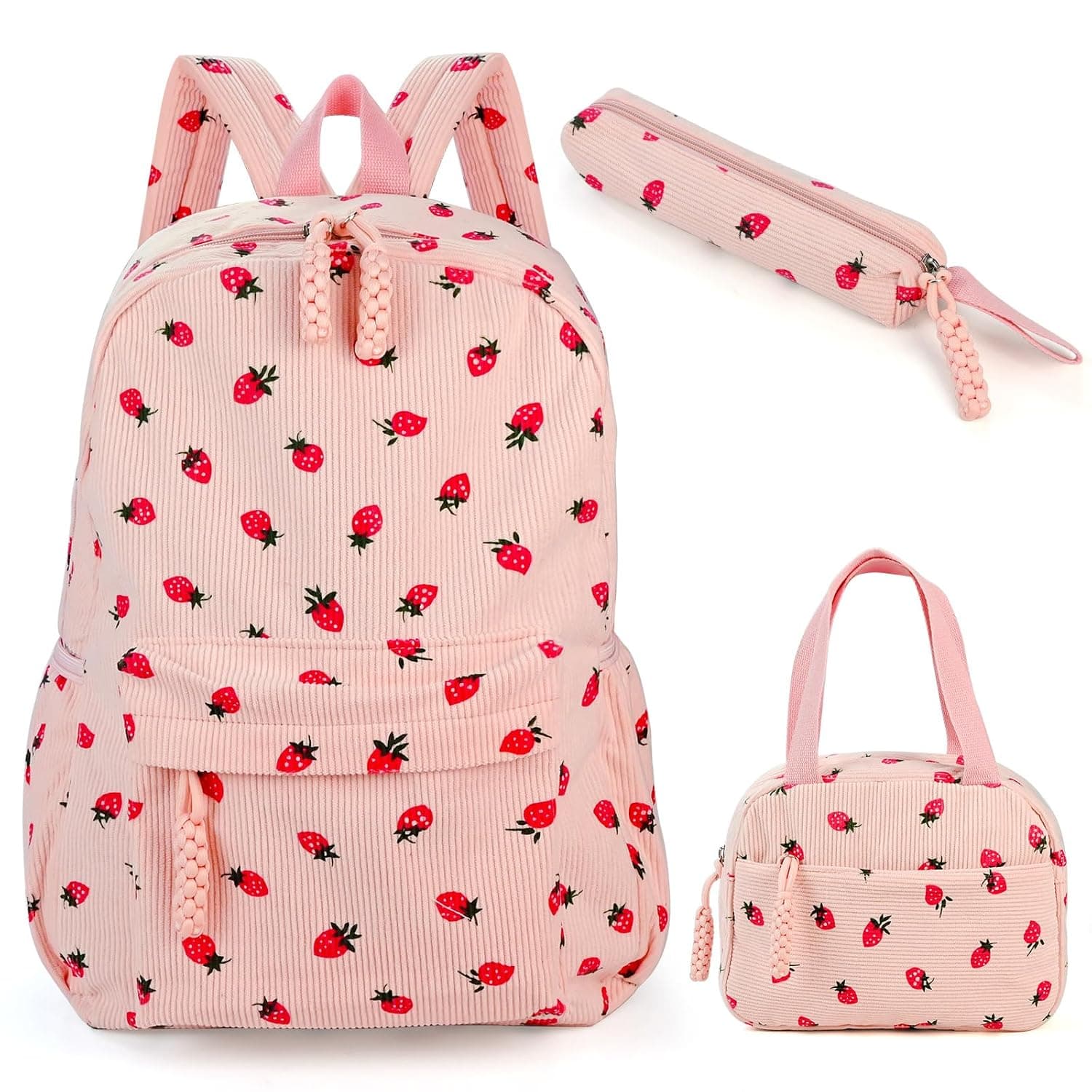 3 PCS Set Strawberry Backpack - Kawaii Corduroy School Bag, 3-in-1 School Bookbag, Nylon Rucksack for Teenage College Primary Secondary Middle Girls with Fleece Lunch Box & Pencil Case for Age 8-10