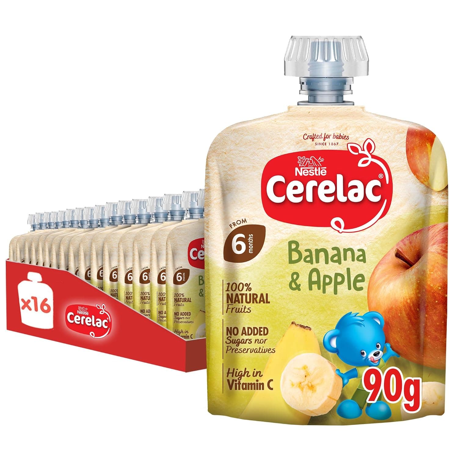 Nestle Cerelac Baby Food Fruits Puree Pouch Banana, Apple & Oats, High in Vitamin C, 100% natural Fruits No added sugars, No artificial flavors, No preservatives. 90G (6m+) (16 Pouches)