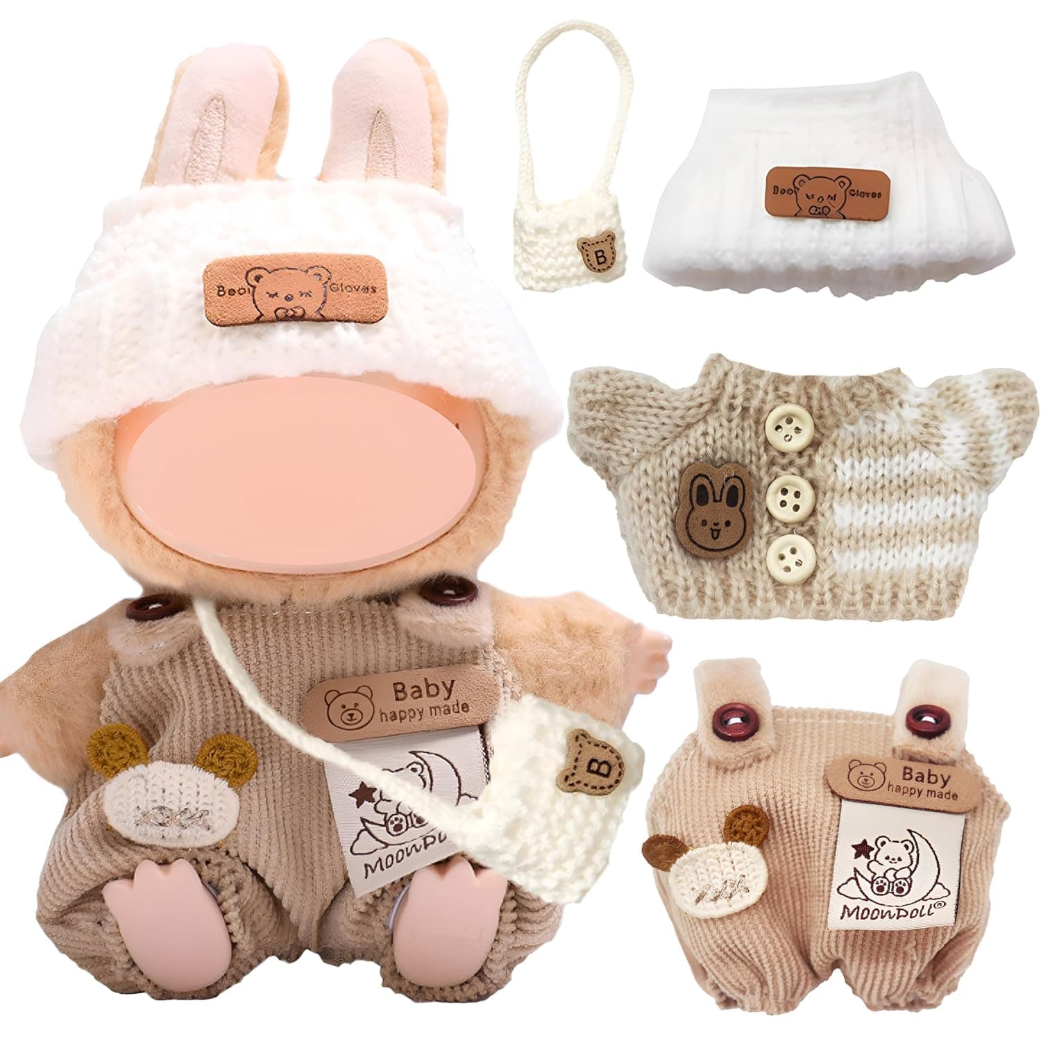 4PCS Doll Clothes & Accessories Set, Compatible with Labubu Plush Doll, Fits 17cm Dolls, Includes Hat, Sweater & Backpack, Gift for Girls & Kids (No Doll)