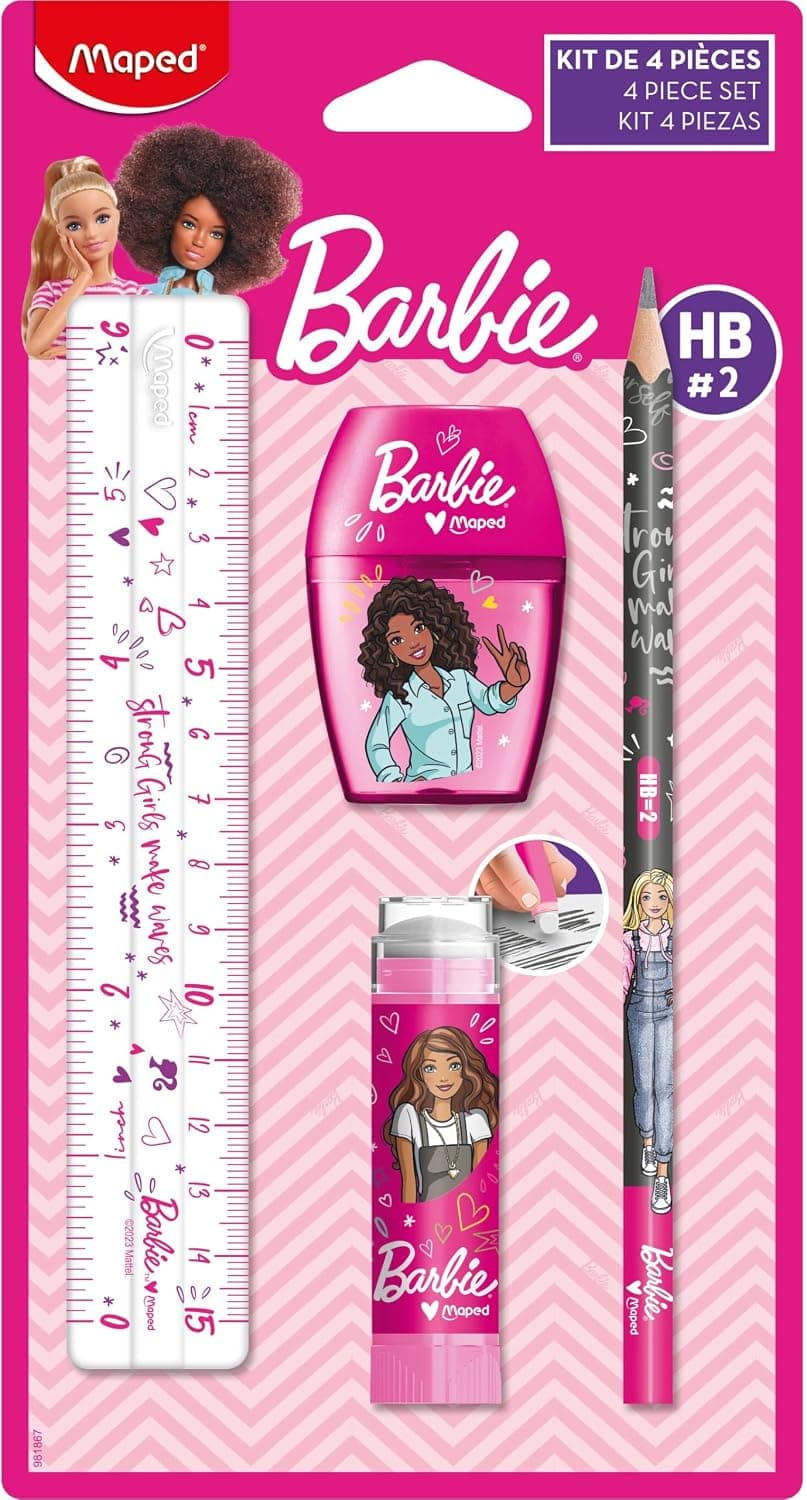 Maped - Writing set, school set, Barbie, 4 pcs. - Includes ruler, pencil, sharpener and eraser