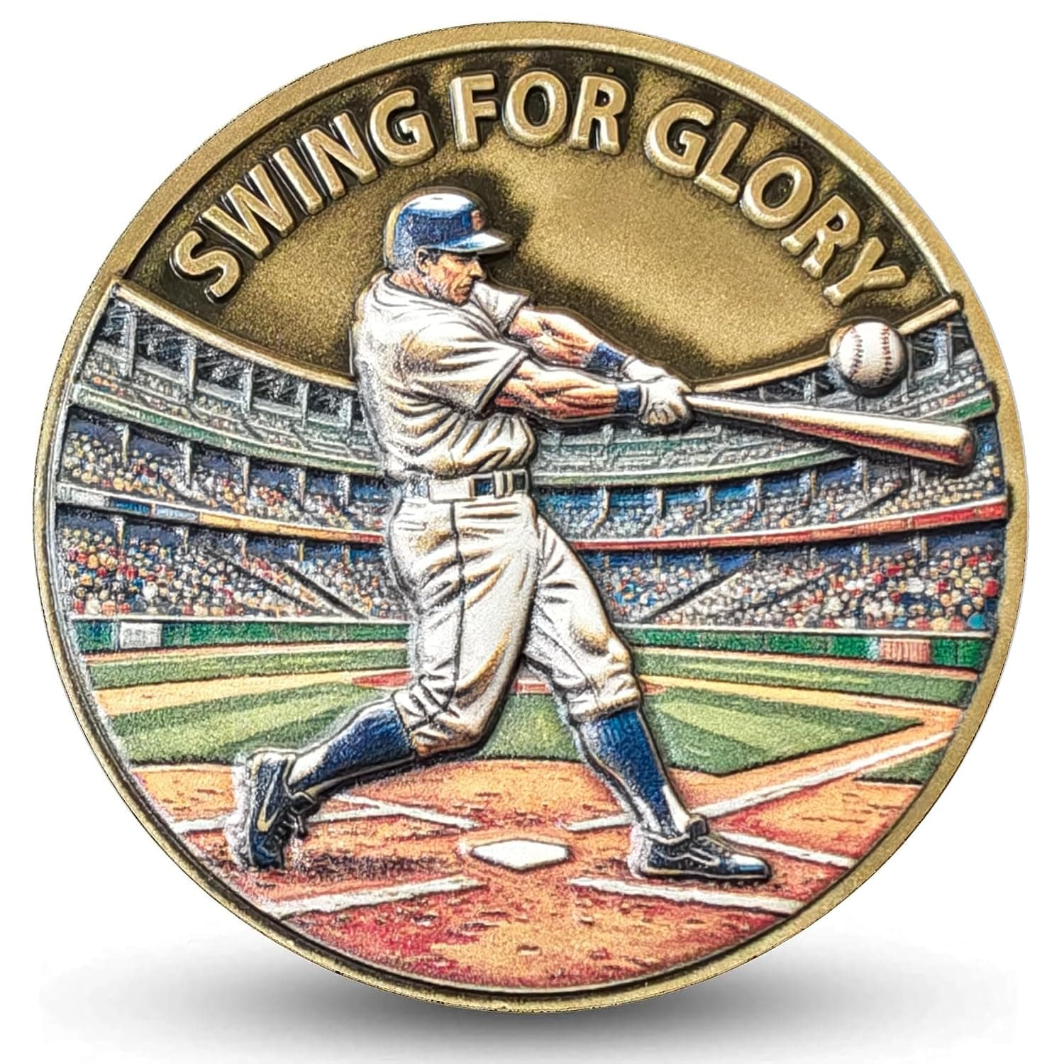 Swing for Glory Baseball Spirit Lucky Coin 1.57 Inch for Baseball Fans | Deep 3D Embossed Zinc Alloy, Rich Multi-Tone Color Detailing, Antique Bronze Rim, Acrylic Case for Personal Collection