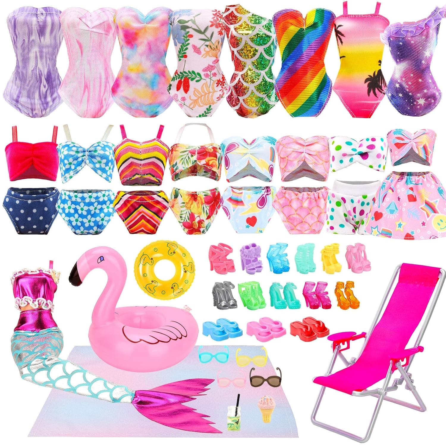 Lot 25 Pack Doll Bathing Suits Pool Accessories Set for 11.5“ Girl Dolls | 6 pcs Swimsuits, 2 Pool Floaties, 4 Sunglasses, 8 Shoes, 1 Beach Chair, 1 Beach Towel and 3 Accessories