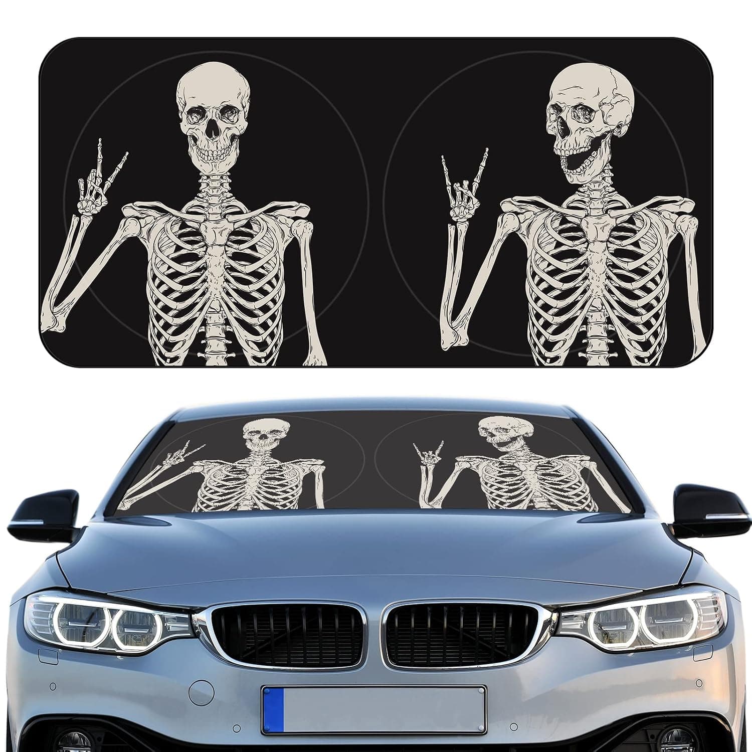 Woanger Skeleton Print Windshield Sun Shade Foldable Car Front Window Covers for Car Accessories Sun Heat UV Rays Visor Protector Protection for Universal Cars, SUV, Truck | Sun Visor for SUV Truck, Universal Fit, Blocks Heat Rays, Easy Folding Install, Skeleton Pattern Windshield Cover Accessory