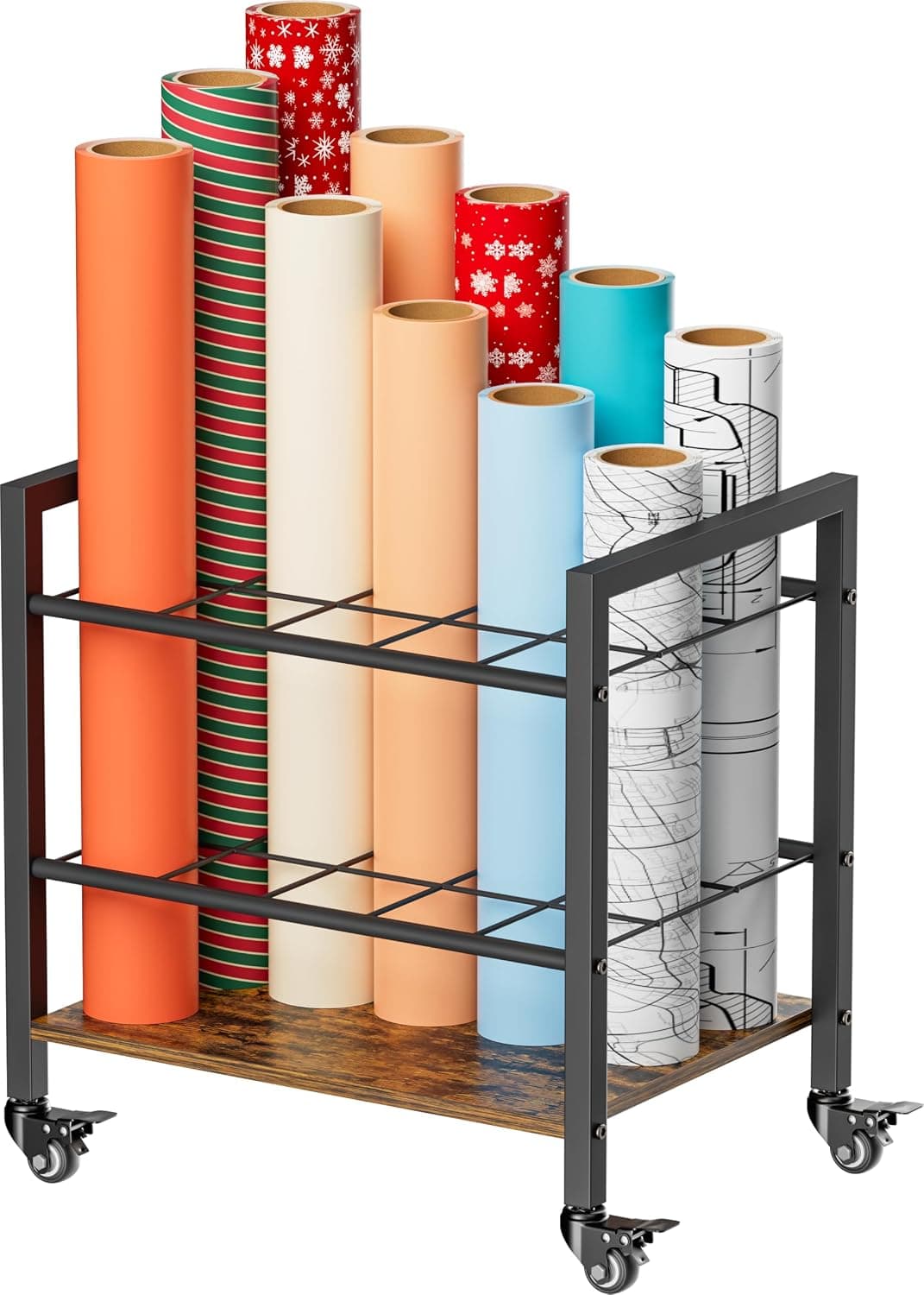 Blueprint Storage Rack Cart, 15 Slots Metal Rolling File Holder with Wheels & Adjustable Pads, Mobile Gift Wrapping Paper Organizer for Maps/Posters/Architectural Construction Plans, Black