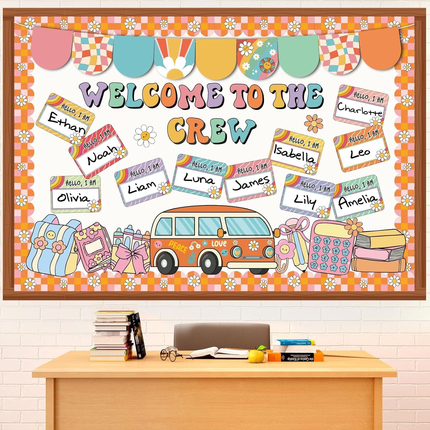 Pajean Welcome to The Crew Bulletin Board Set Groovy Back to School Classroom Decorations Retro Hippie Name Tags Cutouts with Groovy Daisy Borders for Door Wall Chalkboard Decor Preschool Supplies