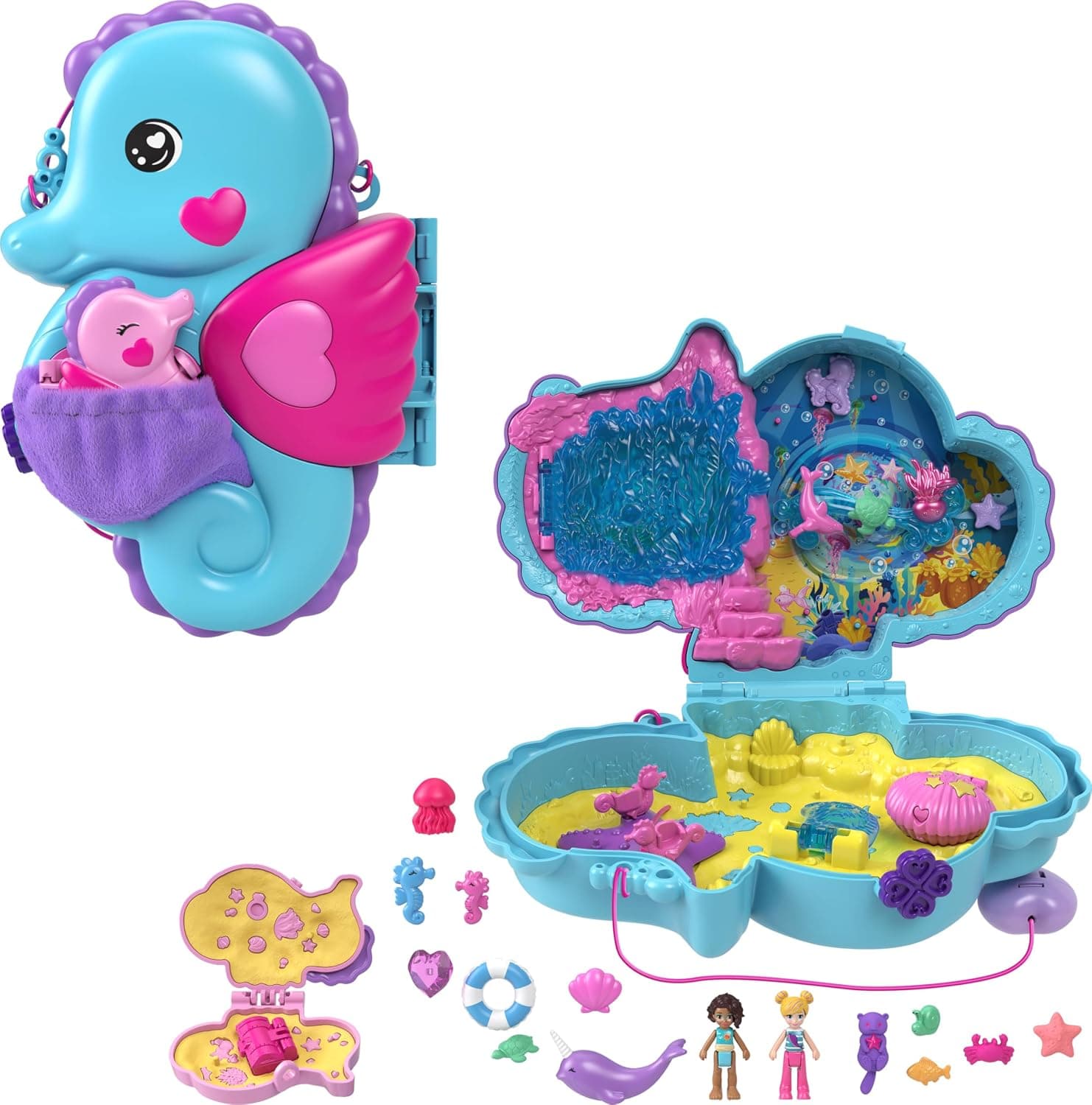 Polly Pocket - Seahorse Bag, 2-in-1 Playset with Polly and Shani Dolls, Animals and 13 Accessories Included, Become a Carry Bag, Toy for Children, 4+ Years, HWP03