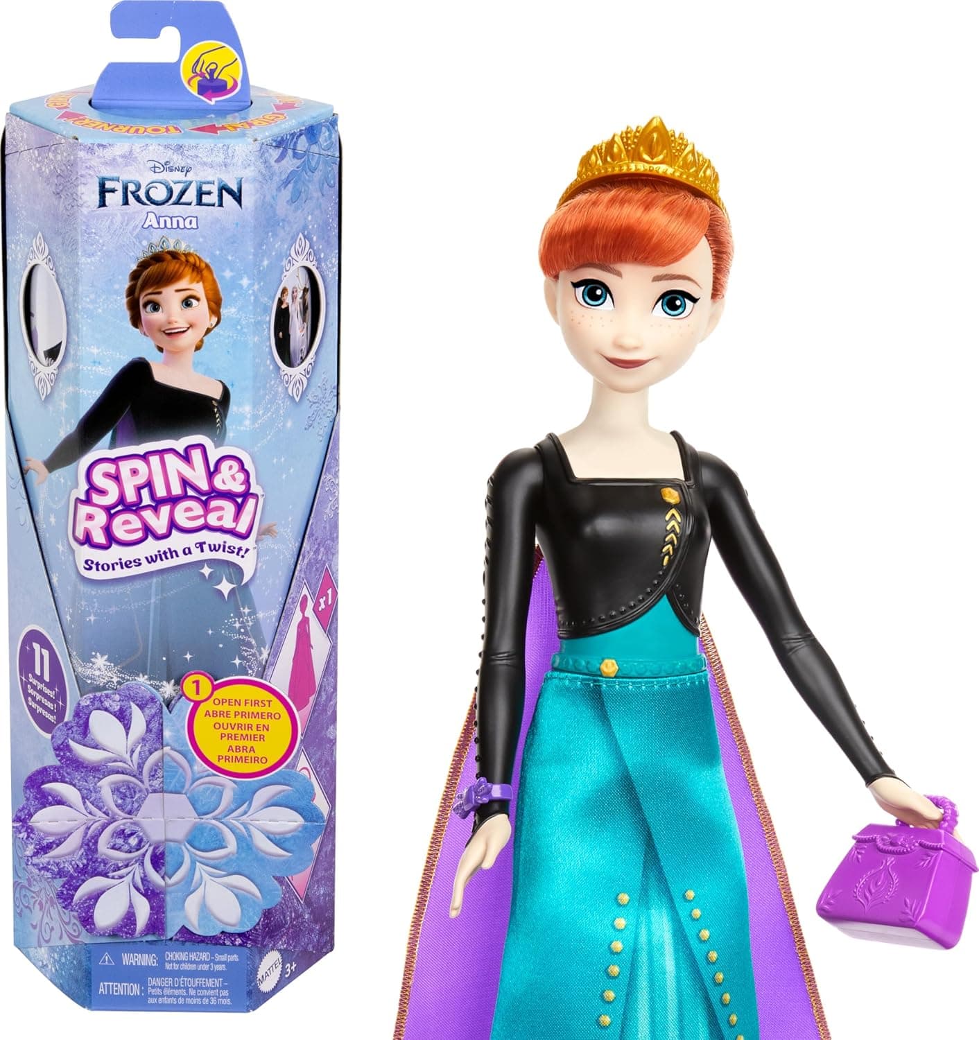 Mattel Disney Frozen Anna Surprise Doll with 11 Surprises Including 5 Accessories, 5 Stickers and a Game Scene, Disney Movie Inspired Toy, HXD27
