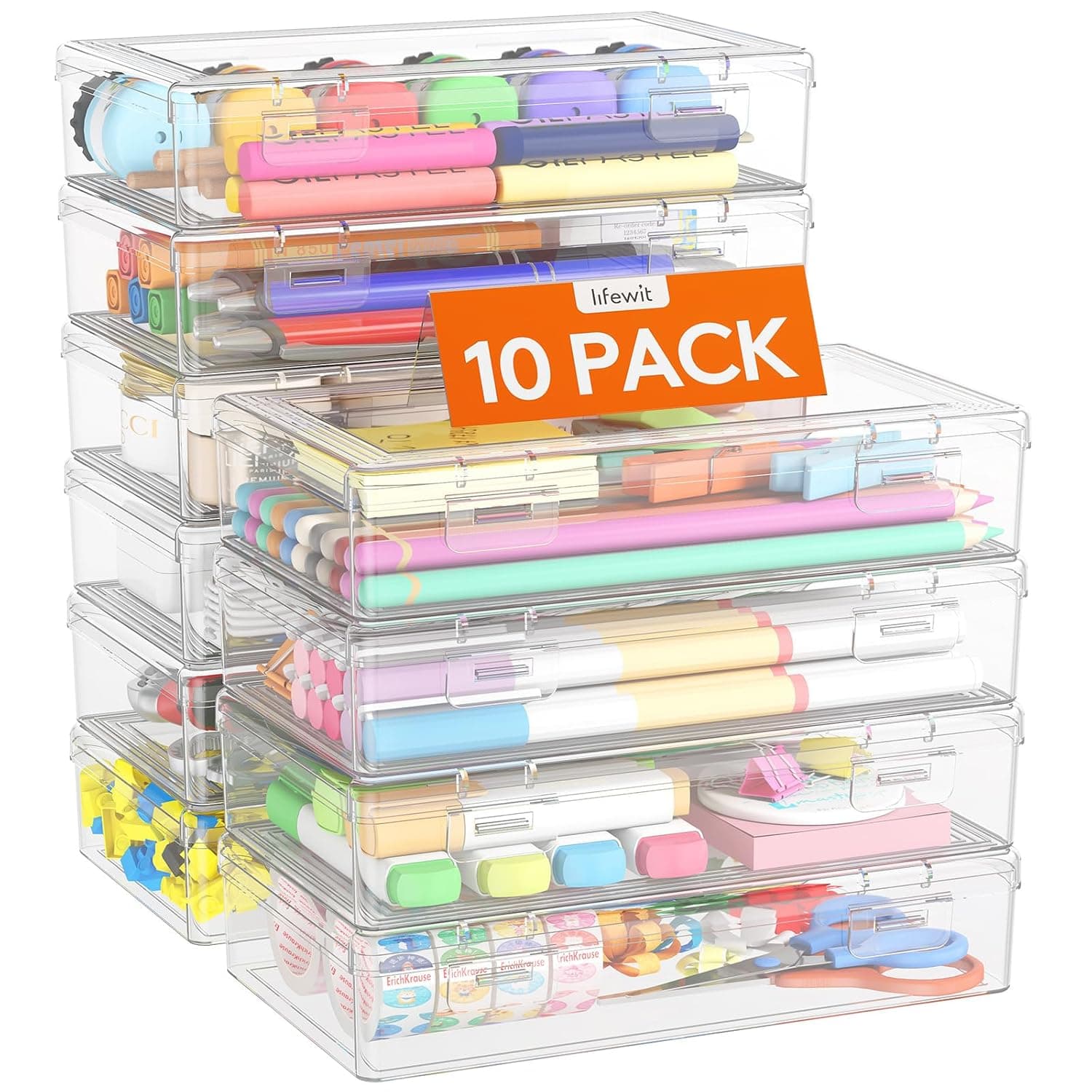 Lifewit Plastic Pencil Box with Snap-tight Lid, 10 Pack | Large Capacity Hard Pencil Case Holder, Craft Organizer for Art Supply, Office, College, Classroom Must Have