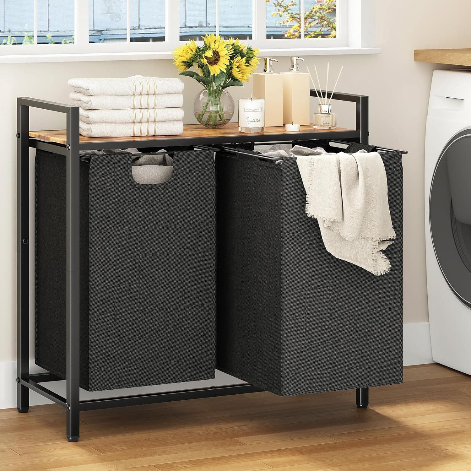 2 Section Laundry Hamper Basket with Shelf, Rustic Brown Multifunctional Large Capacity Removable Pull-out Laundry Basket Organizer Cabinet for Bathroom and Dormitory