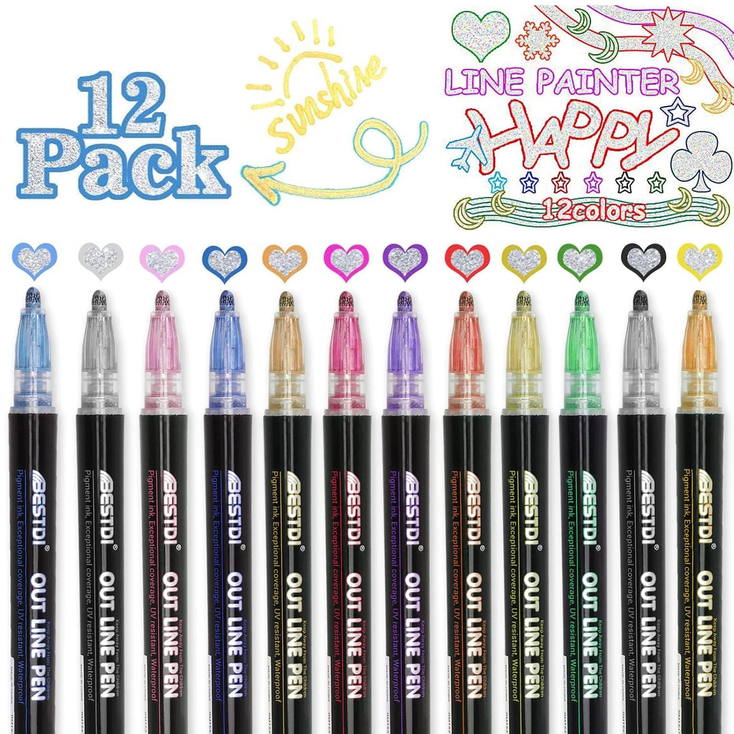 Starhig Double Line Outline Pen Markers,Outline Metallic Markers,12 Colors Makers Pens for Drawing, Greeting Cards, Craft Projects, Posters, Painting, DIY Art Crafts,Child Color Pen Set