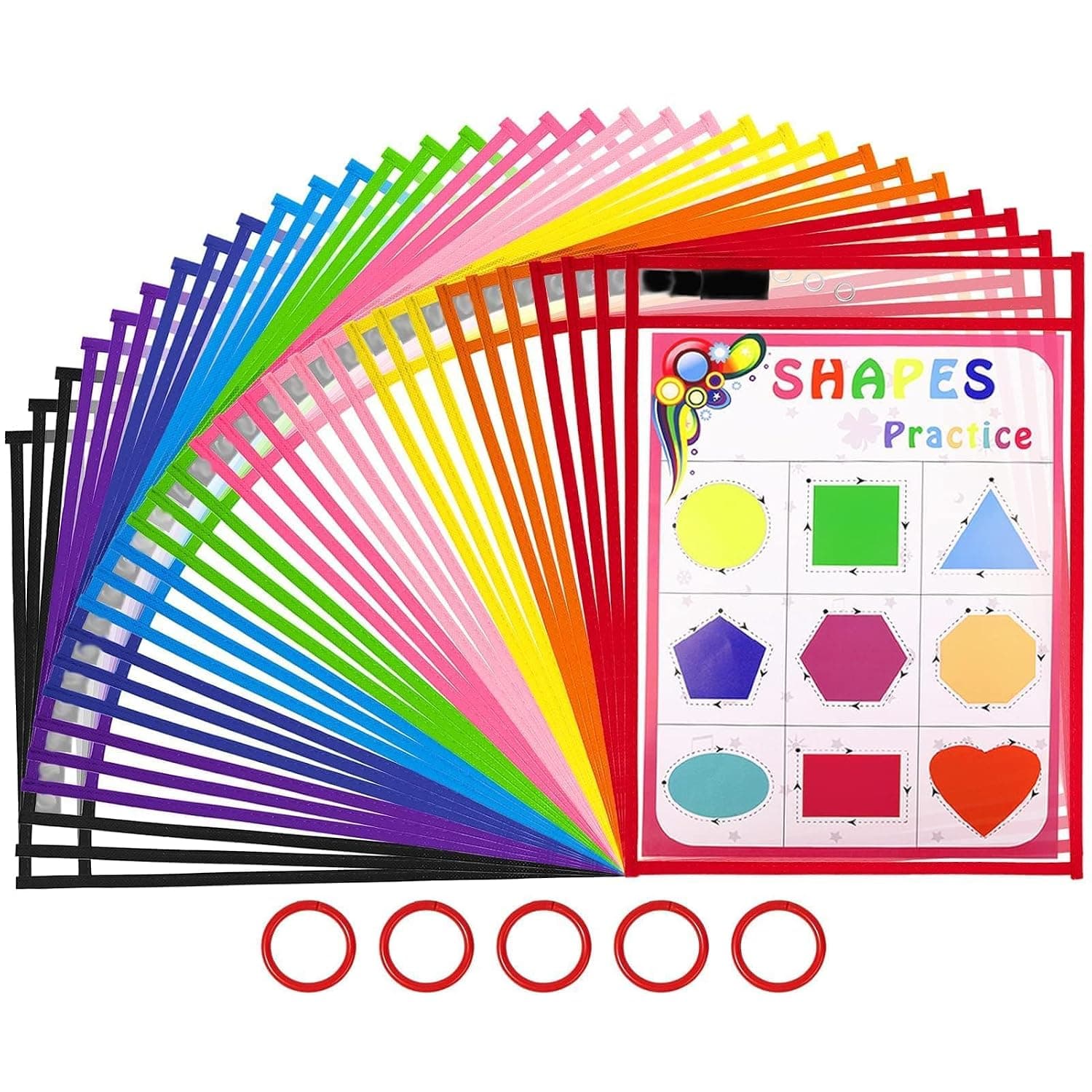 X spring Dry Erase Pockets, 30PCS Reusable Transparent Sleeves with 5PCS Red Rings, Assorted Colors Document Bags and Ticket Holders, Dry Erase Pockets for School Office Teacher Supplies