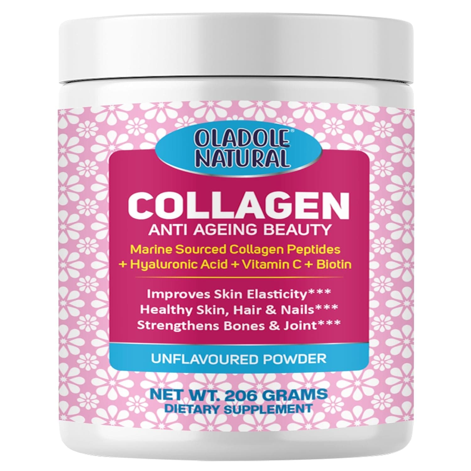 Oladole Natural Collagen Peptides Powder Enriched With Hyaluronic Acid - 201g | Premium Hydrolyzed Bovine Collagen For Healthy Skin, Hair, Nails, Joints | Unflavored, Grass-Fed, Non-GMO