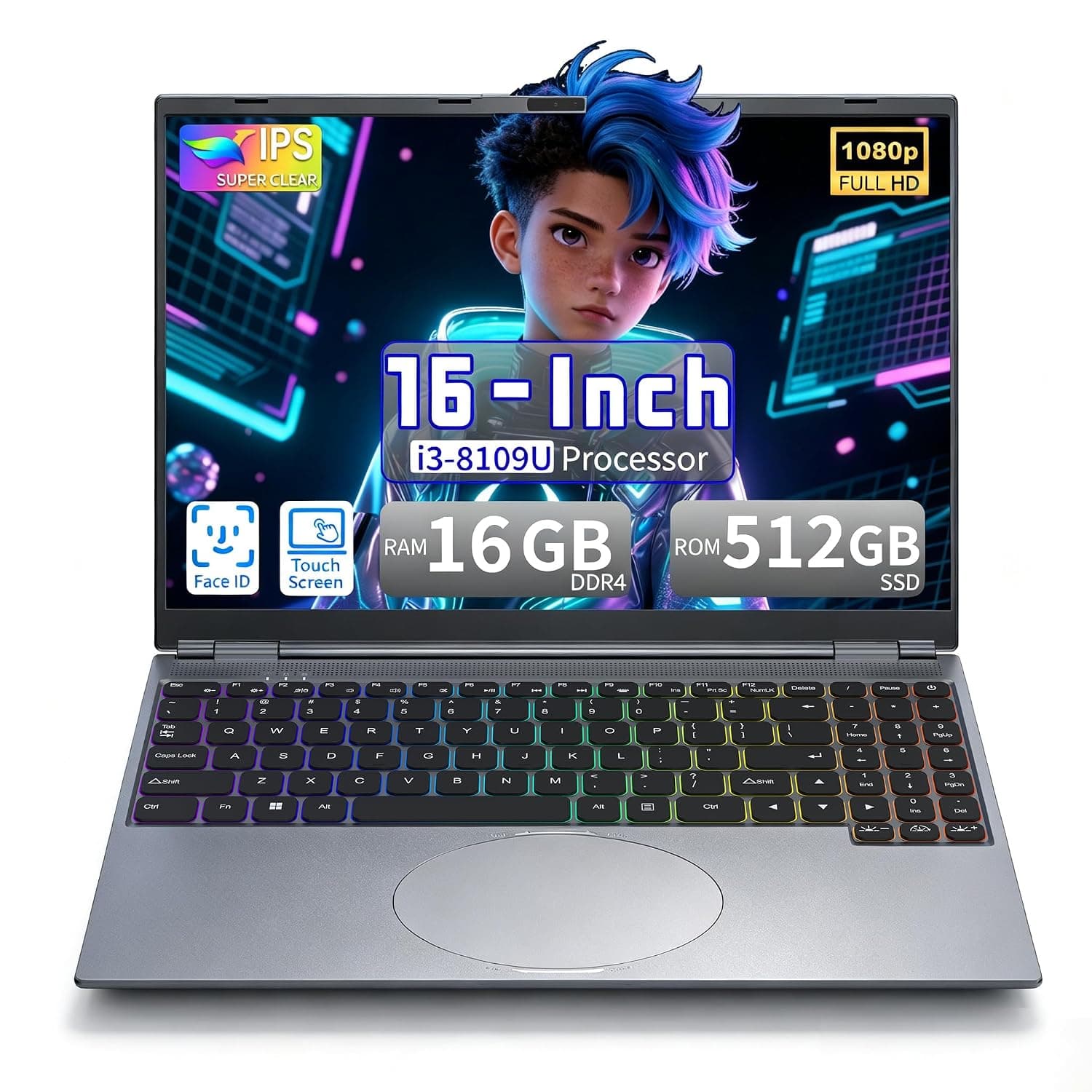 16" Touchscreen Laptop, i3-8109U, 16GB RAM, 512GB SSD, RGB Backlit Keyboard, Face Recognition, 180 Degree Opening and Closing (16GB RAM | 512GB SSD)